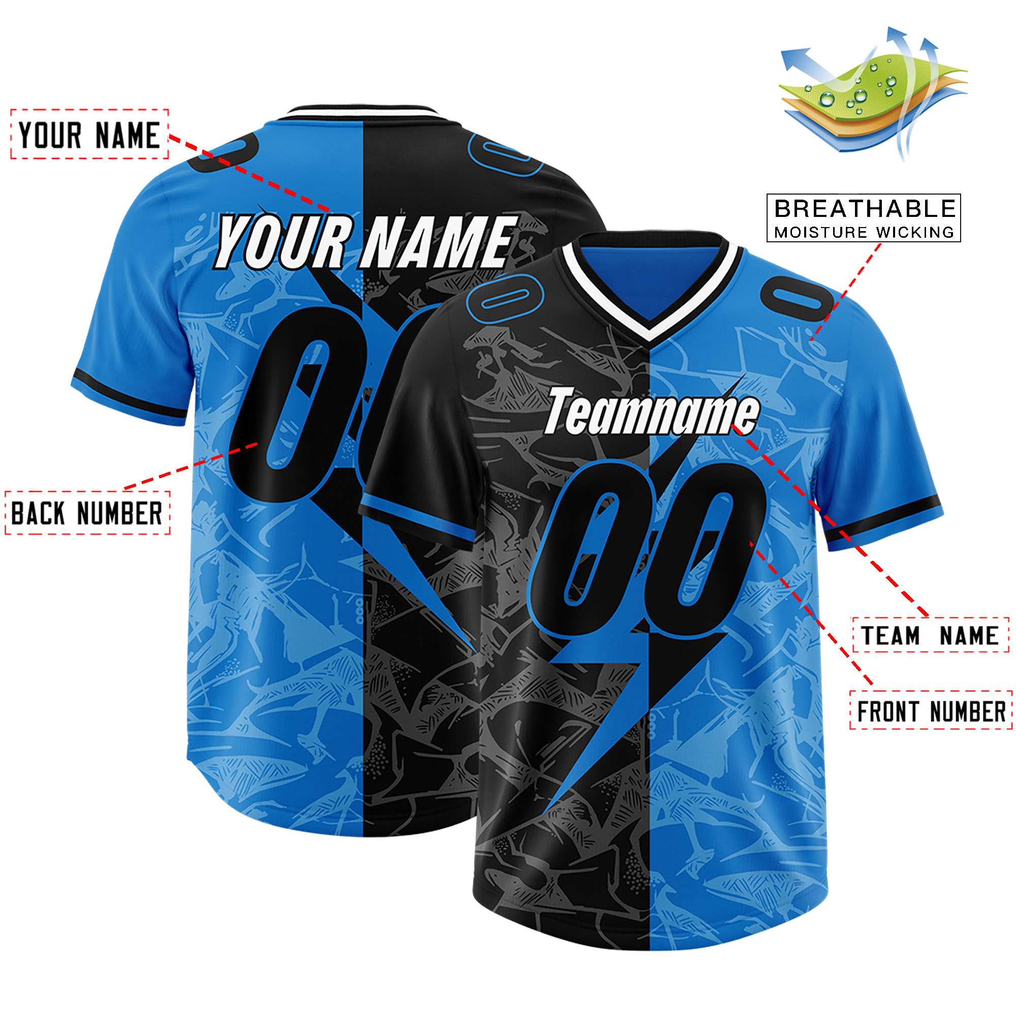 Custom Panther Blue Black Split Personalized Lightning Pattern American Football Jersey