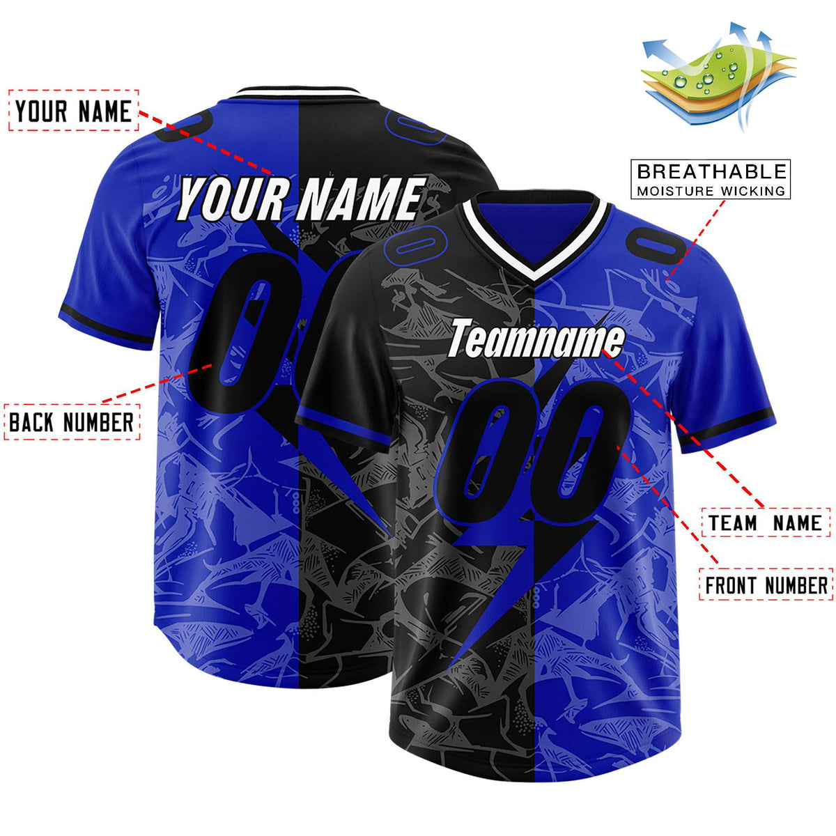 Custom Royal Black Split Personalized Lightning Pattern American Football Jersey
