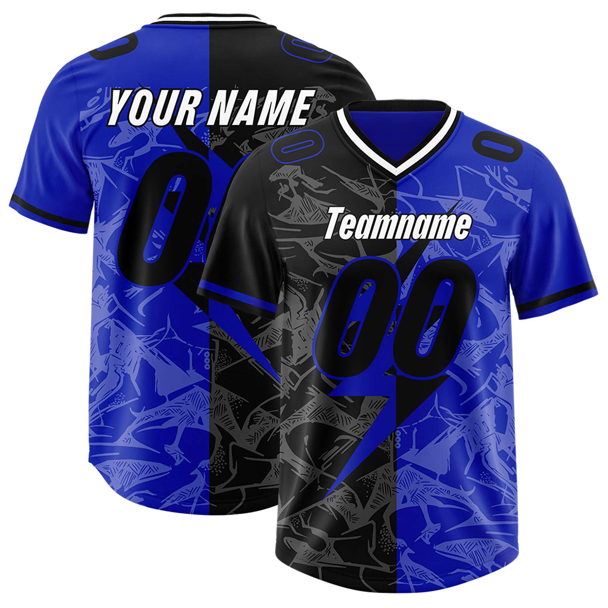 Custom Royal Black Split Personalized Lightning Pattern American Football Jersey