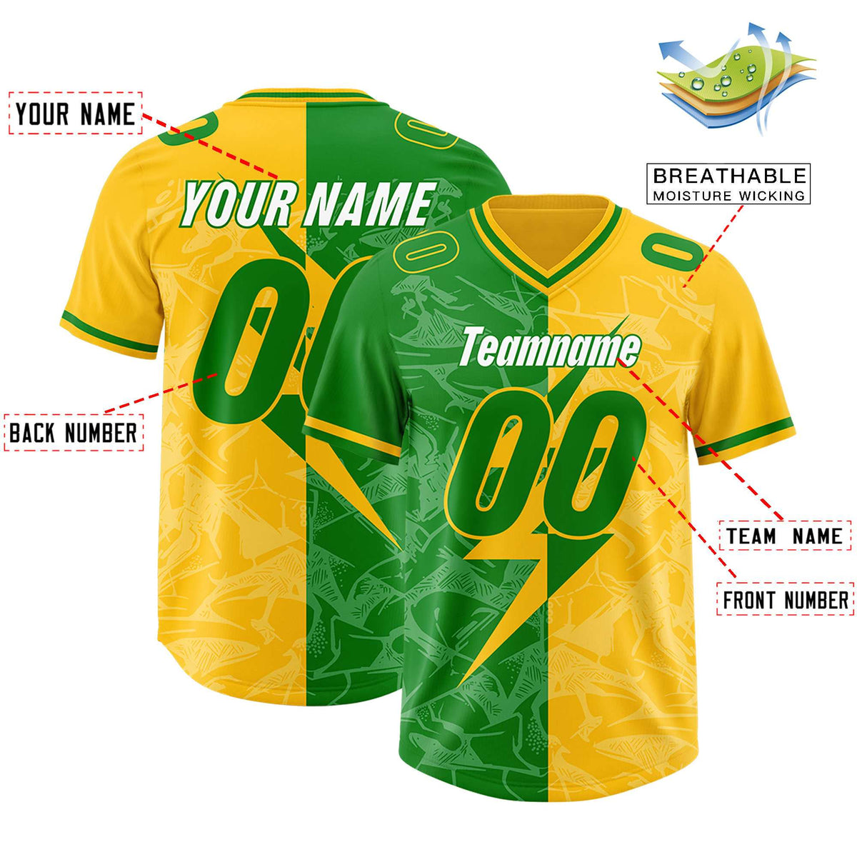 Custom Kelly Green Yellow Split Personalized Lightning Pattern American Football Jersey