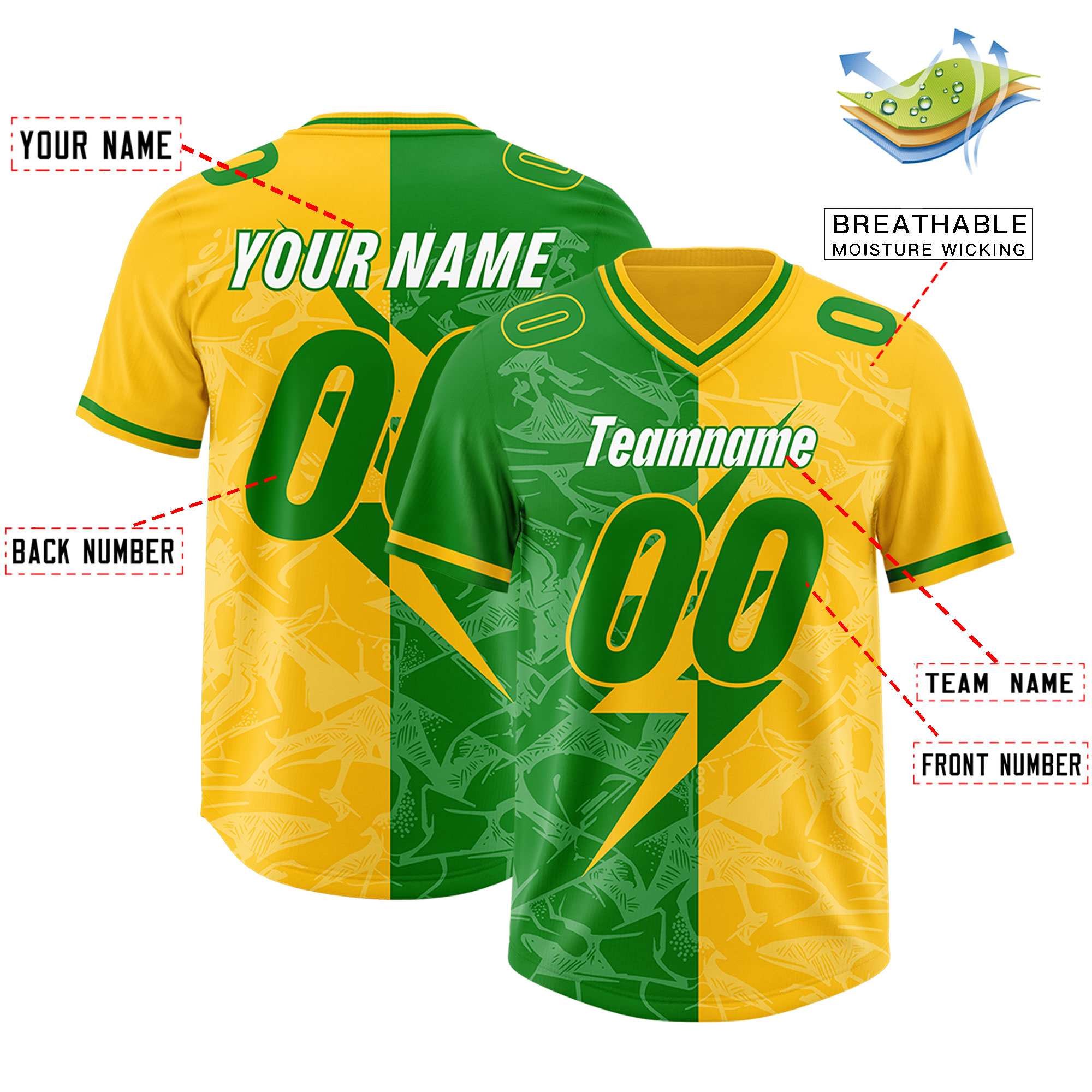 Custom Kelly Green Yellow Split Personalized Lightning Pattern American Football Jersey