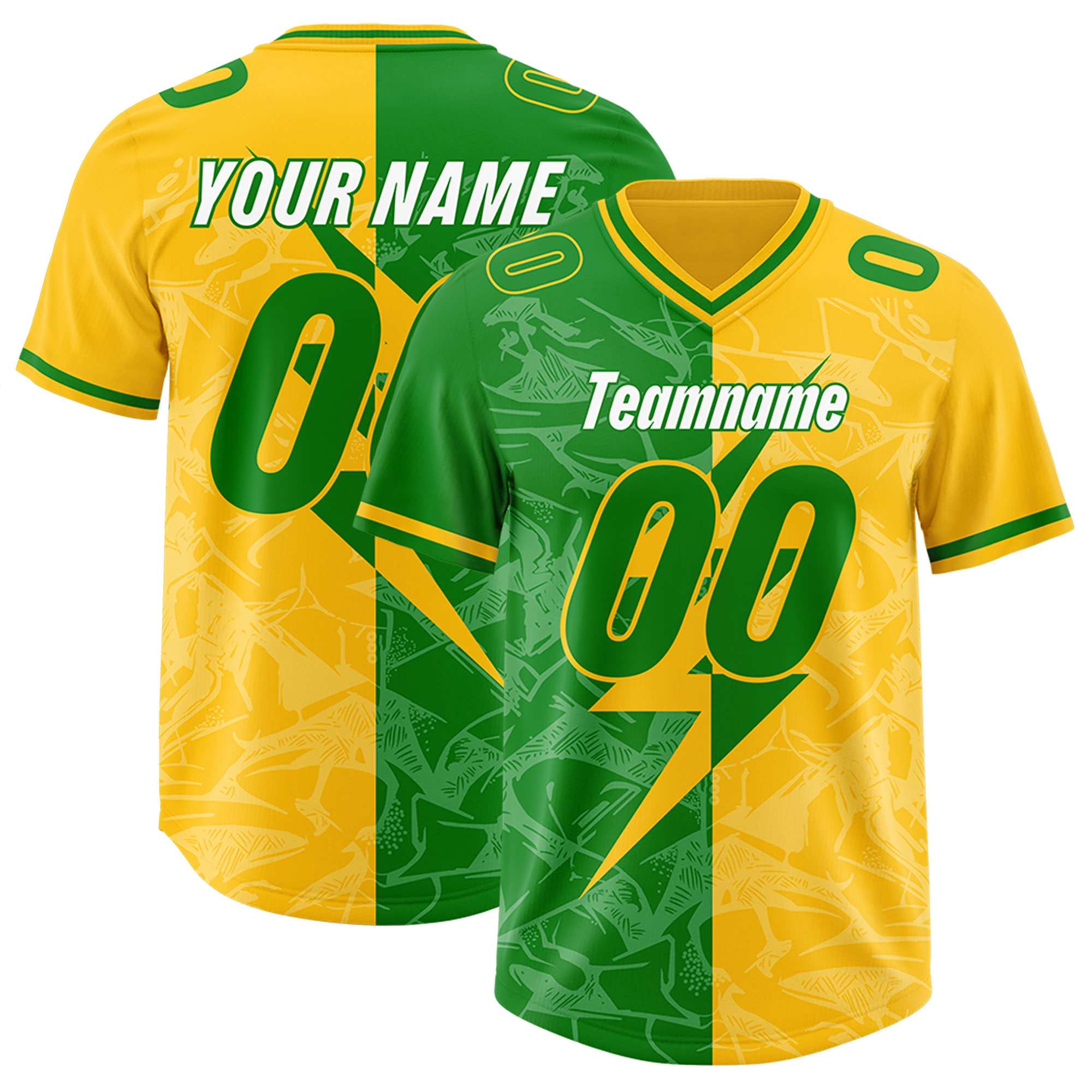 Custom Kelly Green Yellow Split Personalized Lightning Pattern American Football Jersey