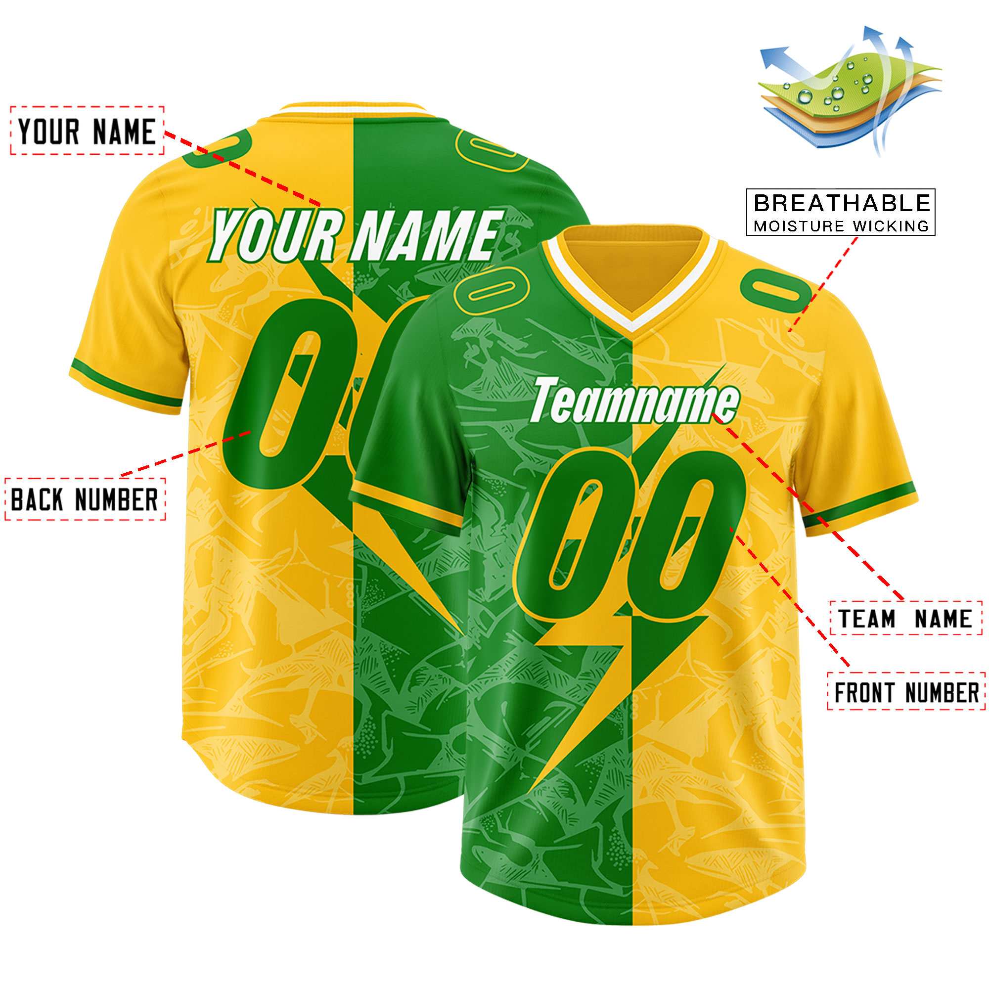 Custom Kelly Green Yellow Split Personalized Lightning Pattern American Football Jersey
