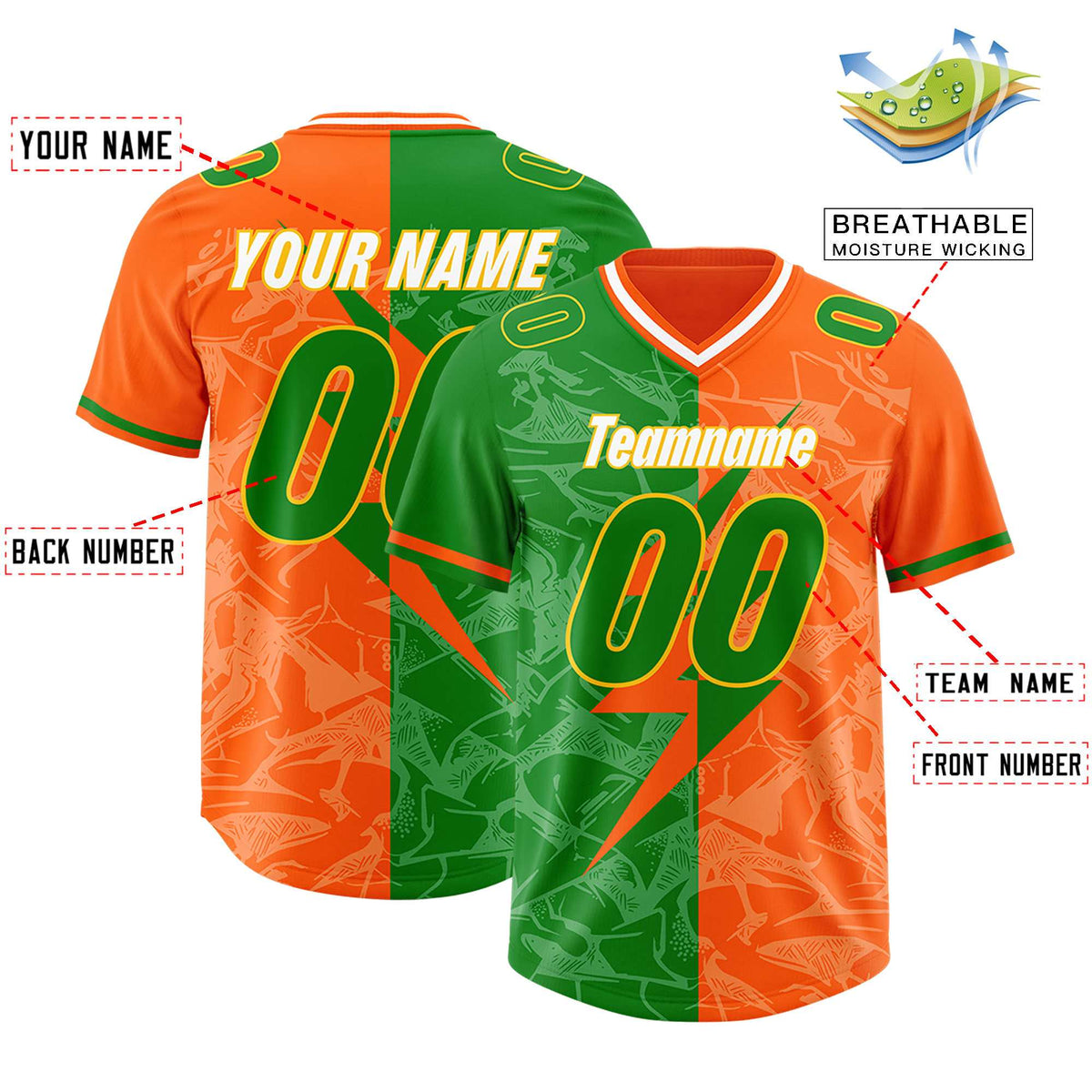 Custom Orange Kelly Green Split Personalized Lightning Pattern American Football Jersey