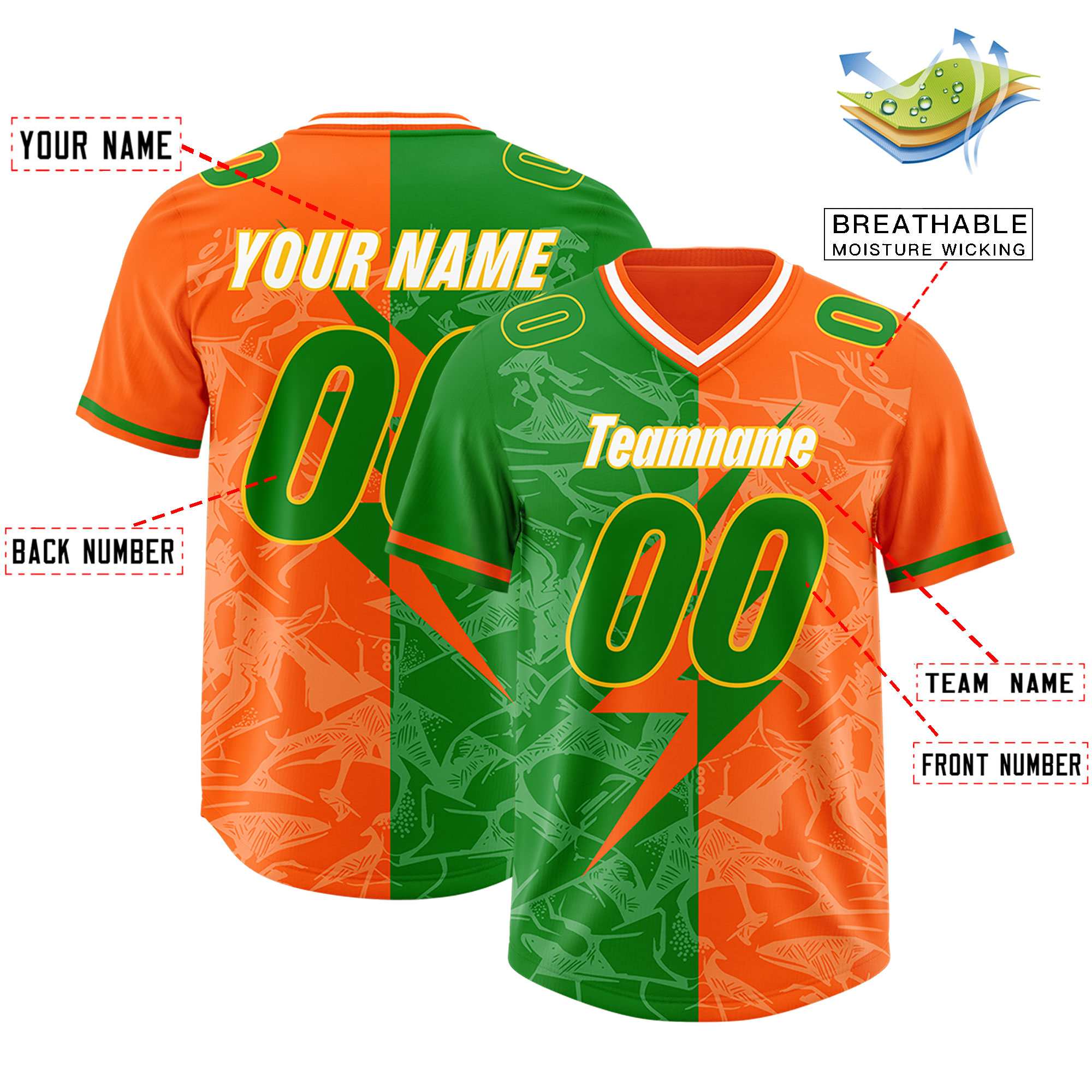 Custom Orange Kelly Green Split Personalized Lightning Pattern American Football Jersey