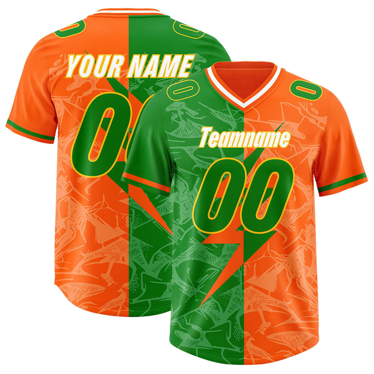 Custom Orange Kelly Green Split Personalized Lightning Pattern American Football Jersey