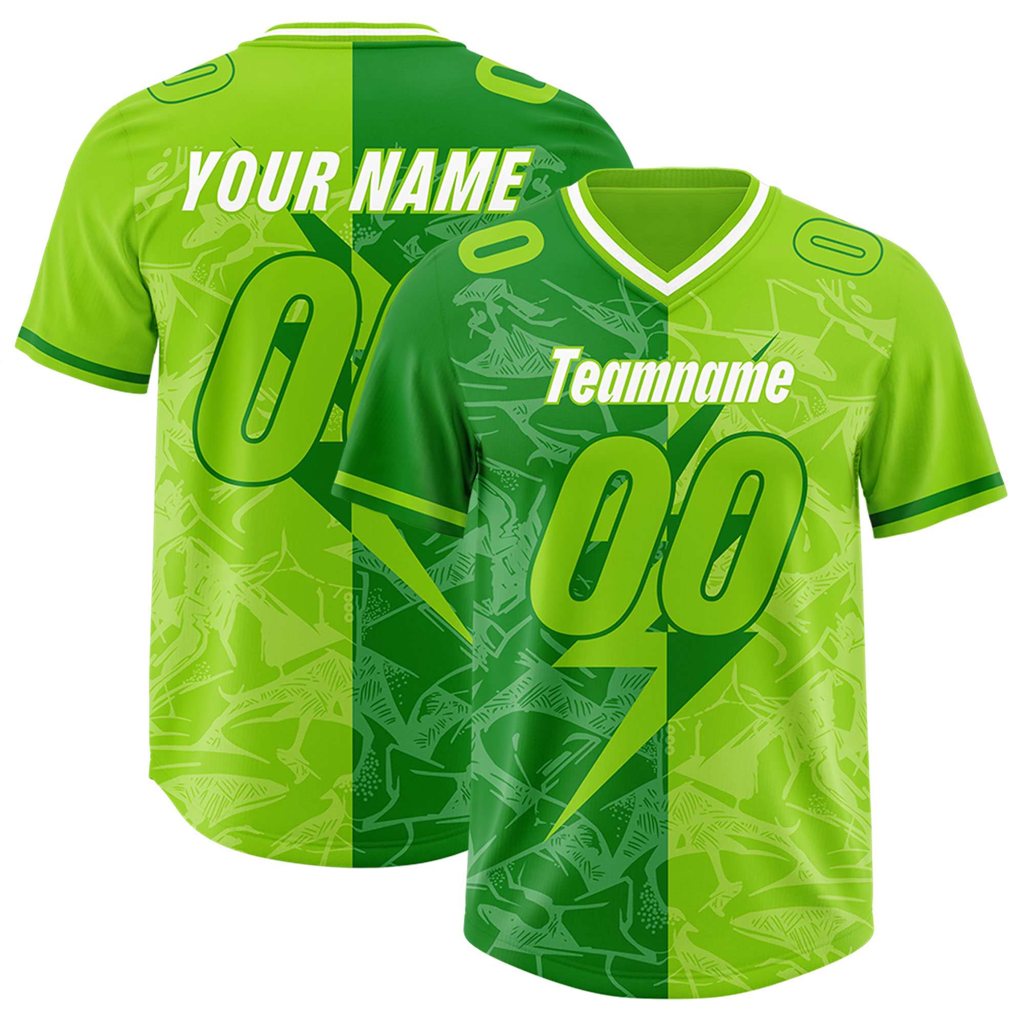 Custom Neon Green Kelly Green Split Personalized Lightning Pattern American Football Jersey