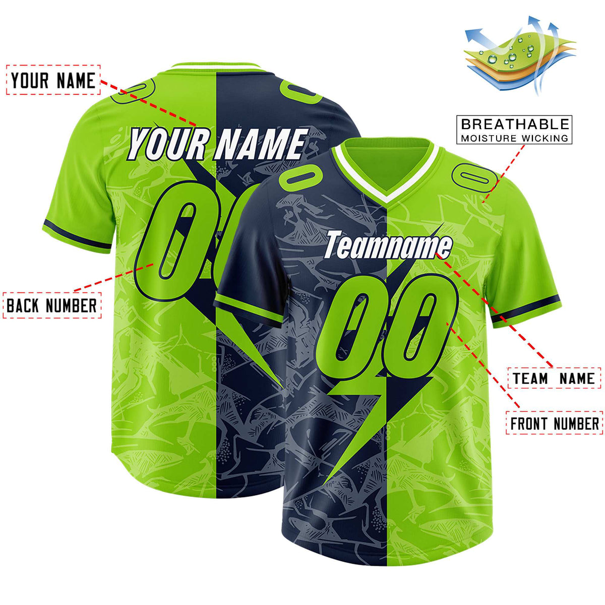 Custom Neon Green Navy Split Personalized Lightning Pattern American Football Jersey