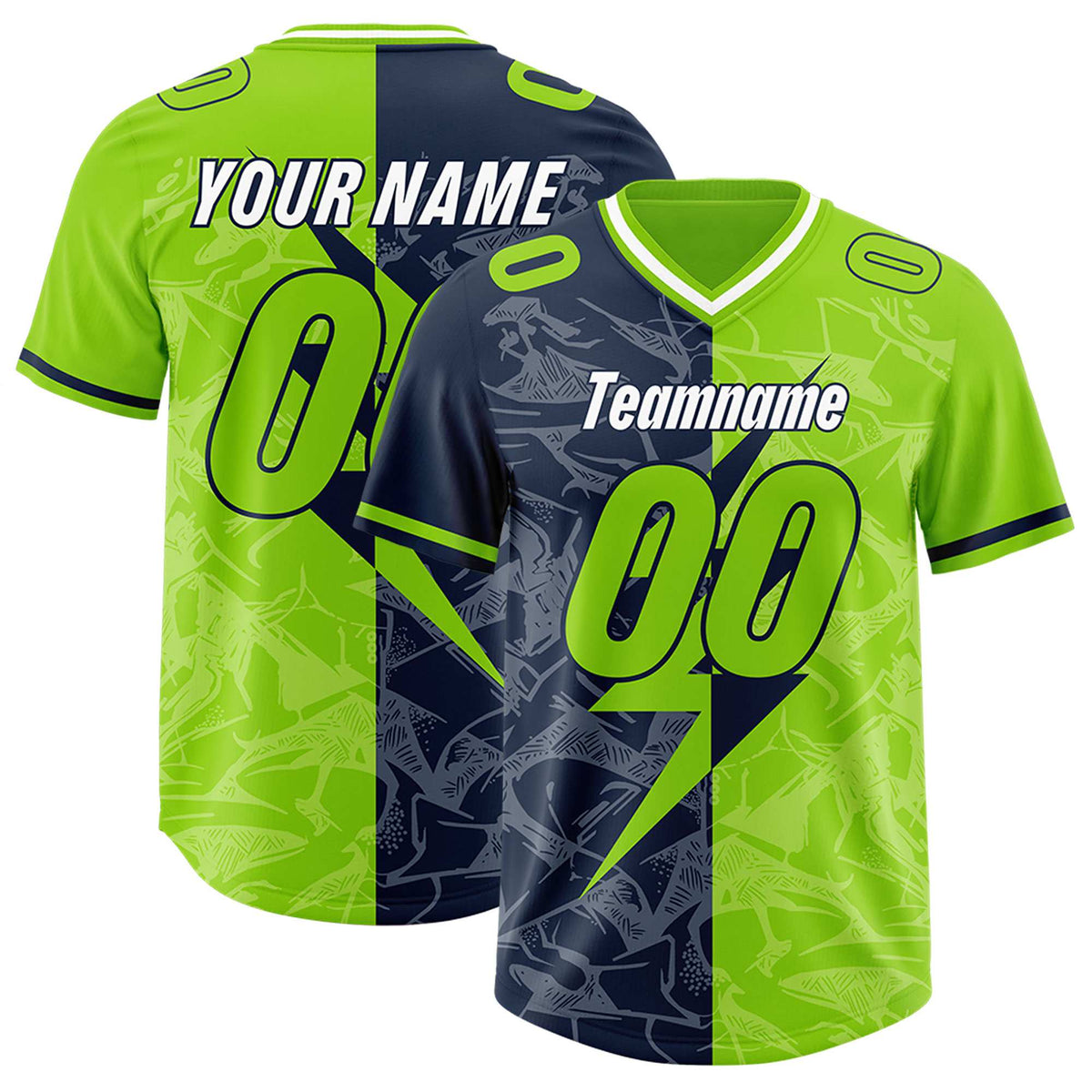Custom Neon Green Navy Split Personalized Lightning Pattern American Football Jersey