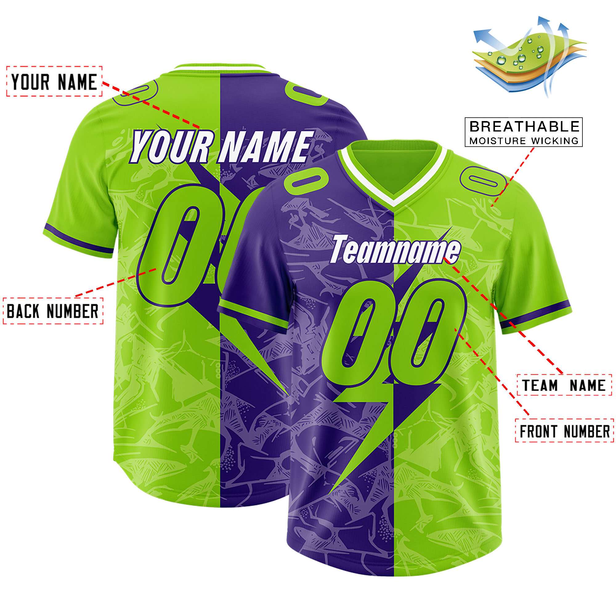 Custom Neon Green Purple Split Personalized Lightning Pattern American Football Jersey