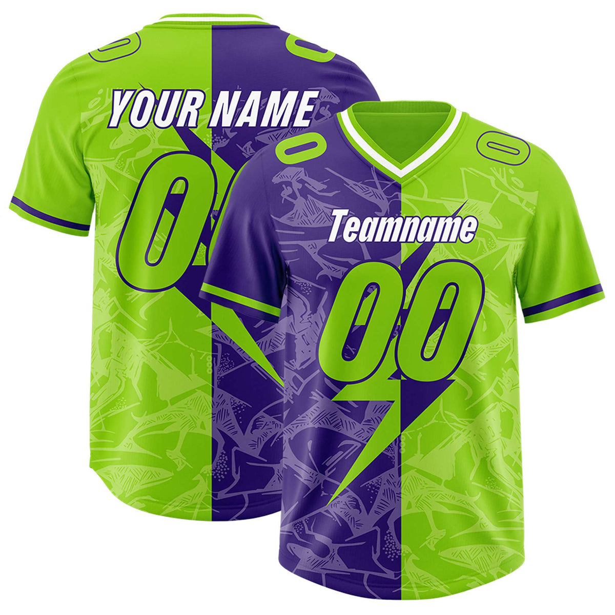 Custom Neon Green Purple Split Personalized Lightning Pattern American Football Jersey