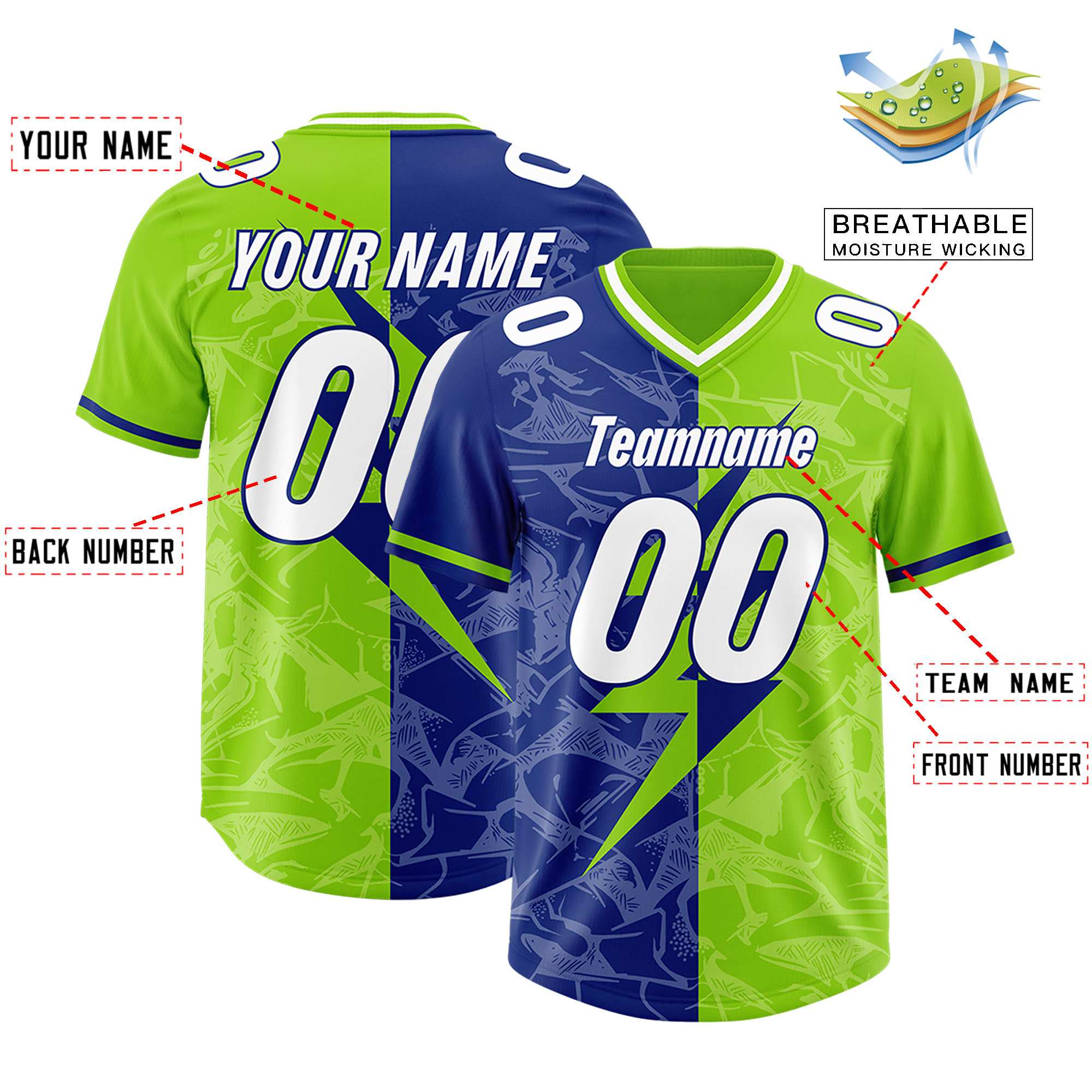 Custom Royal Neon Green Split Personalized Lightning Pattern American Football Jersey