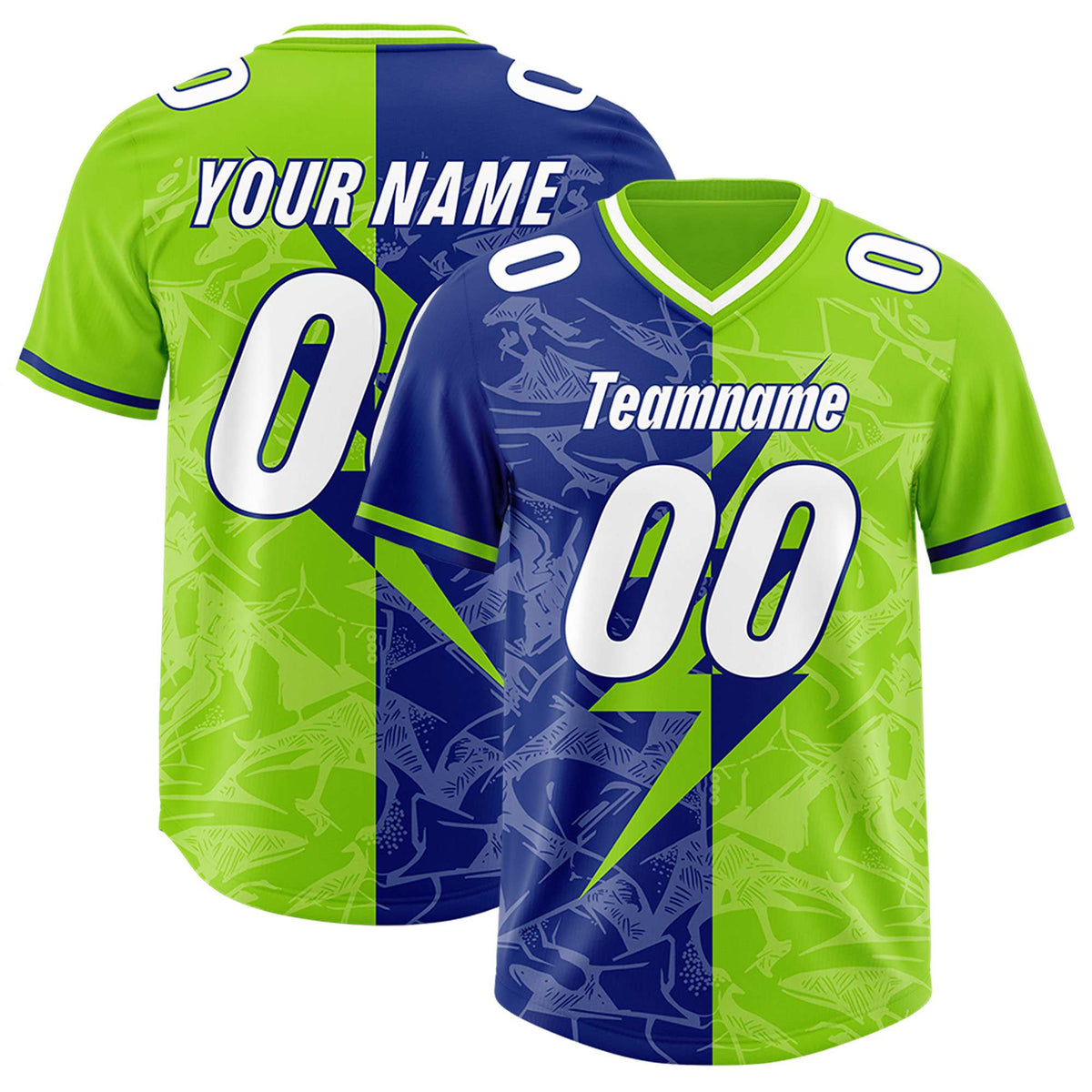 Custom Royal Neon Green Split Personalized Lightning Pattern American Football Jersey