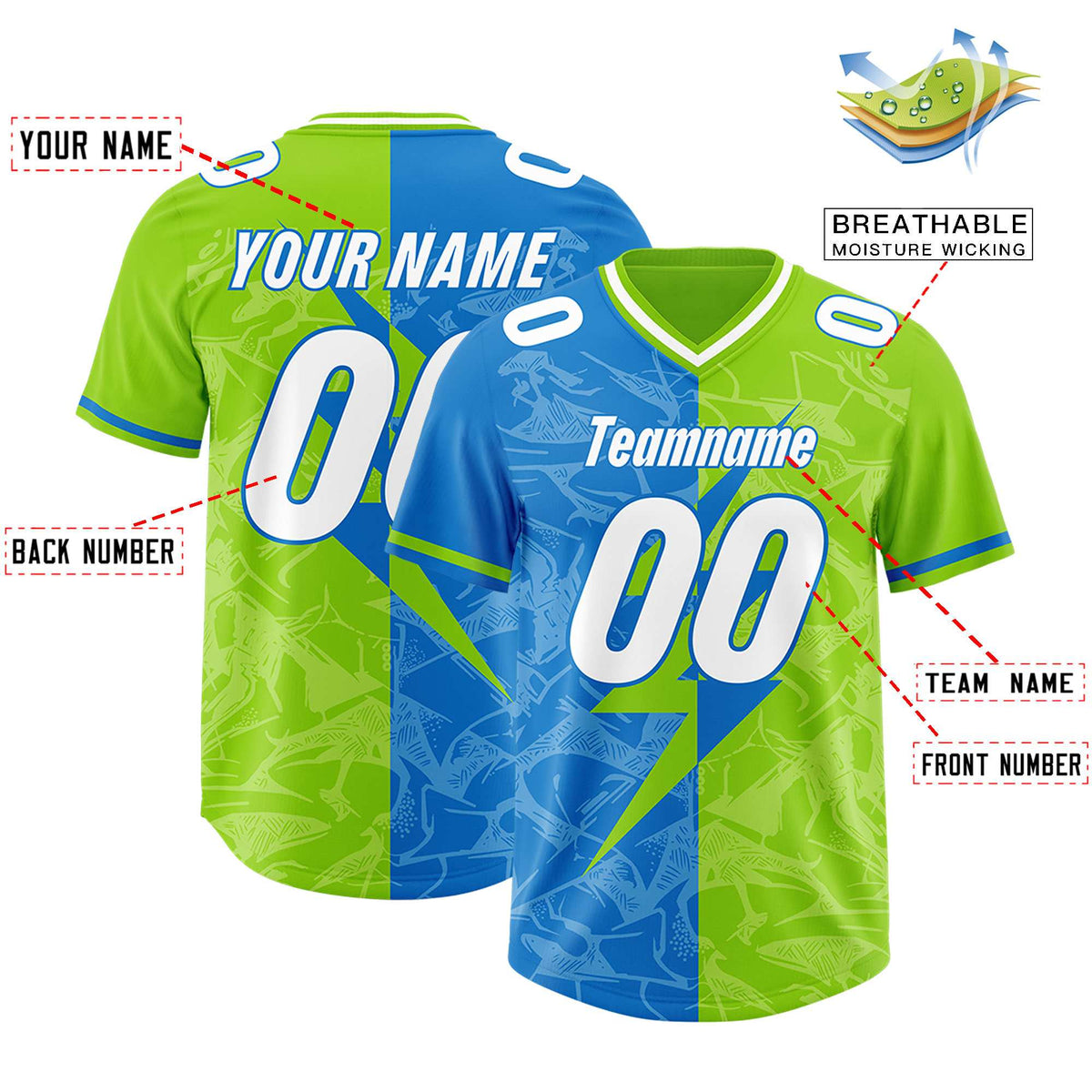 Custom Neon Green Panther Blue Split Personalized Lightning Pattern American Football Jersey