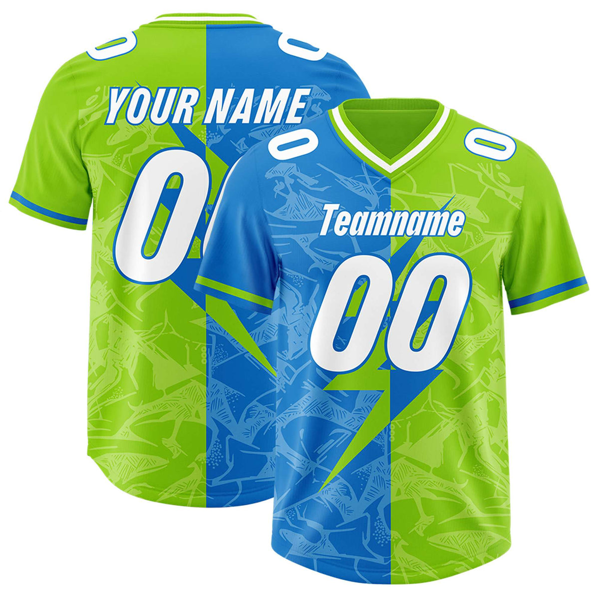 Custom Neon Green Panther Blue Split Personalized Lightning Pattern American Football Jersey