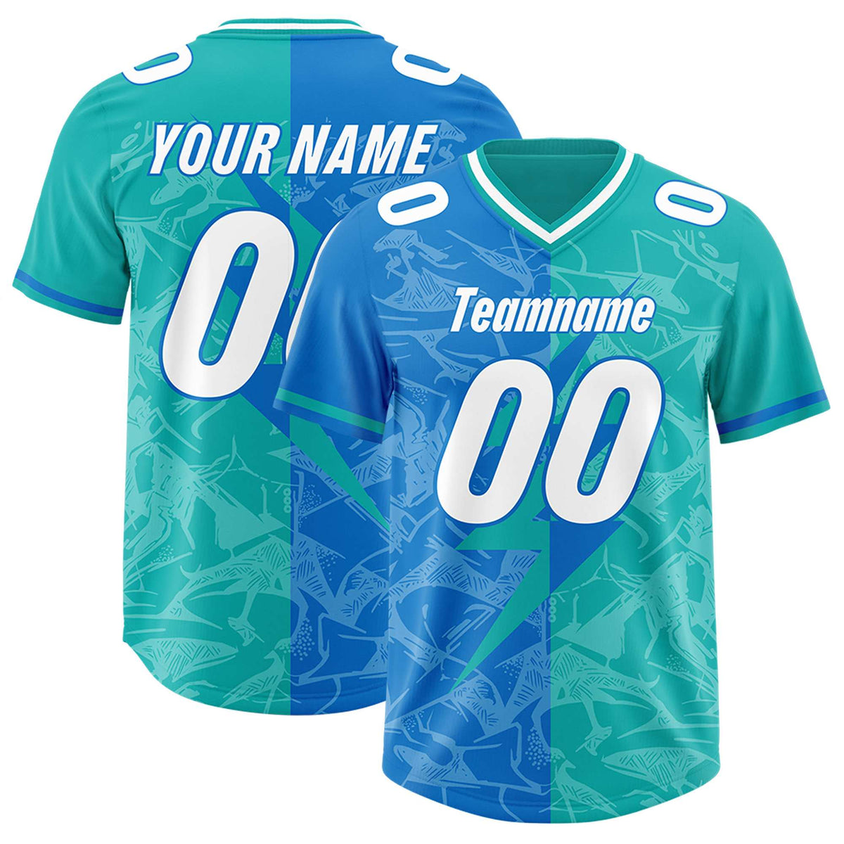 Custom Panther Blue Aqua Split Personalized Lightning Pattern American Football Jersey