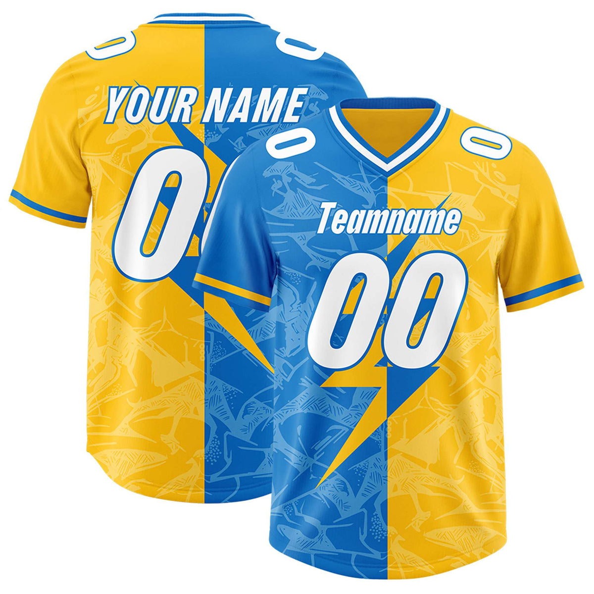 Custom Panther Blue Gold Split Personalized Lightning Pattern American Football Jersey