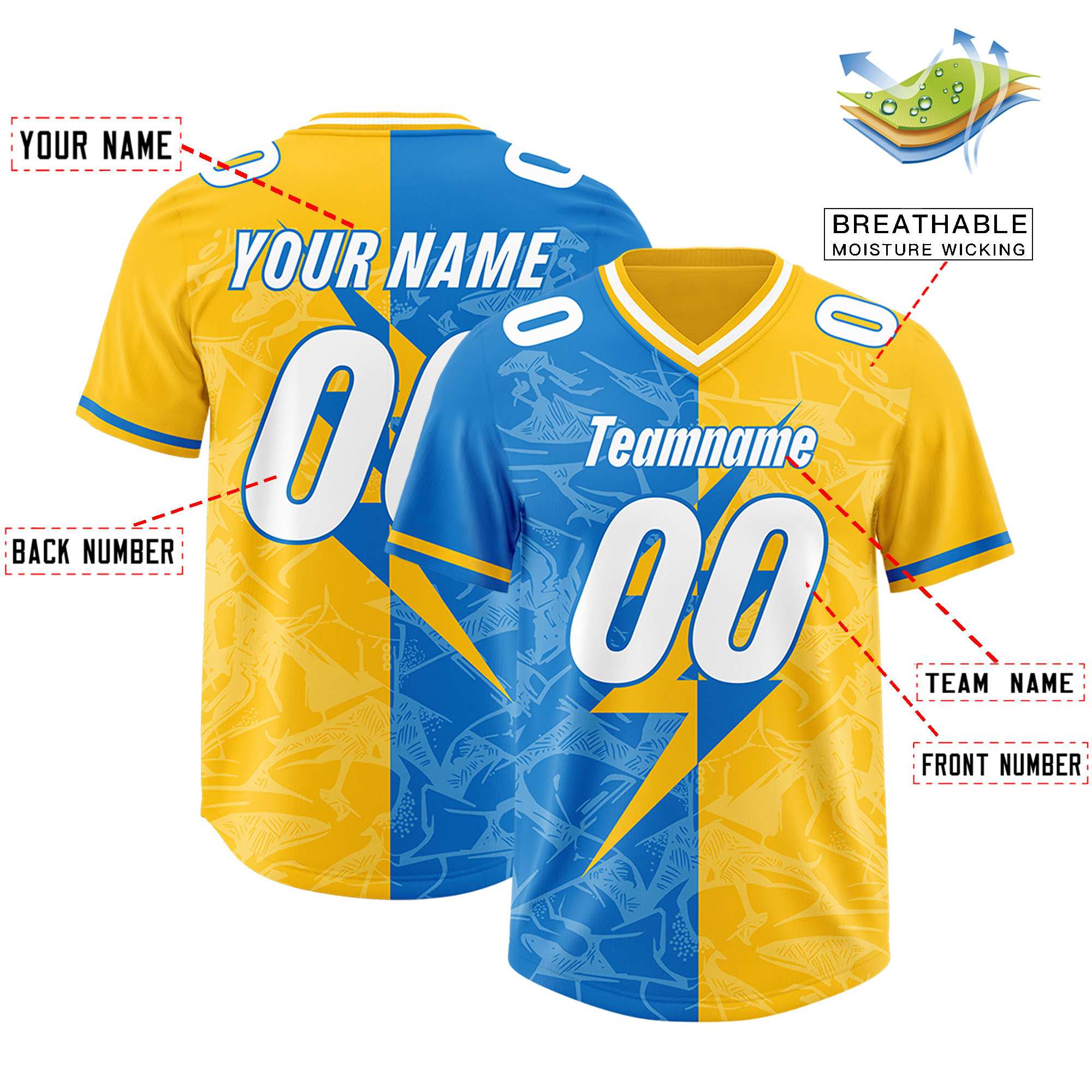 Custom Panther Blue Yellow Split Personalized Lightning Pattern American Football Jersey