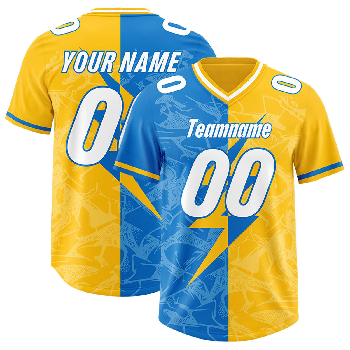 Custom Panther Blue Yellow Split Personalized Lightning Pattern American Football Jersey