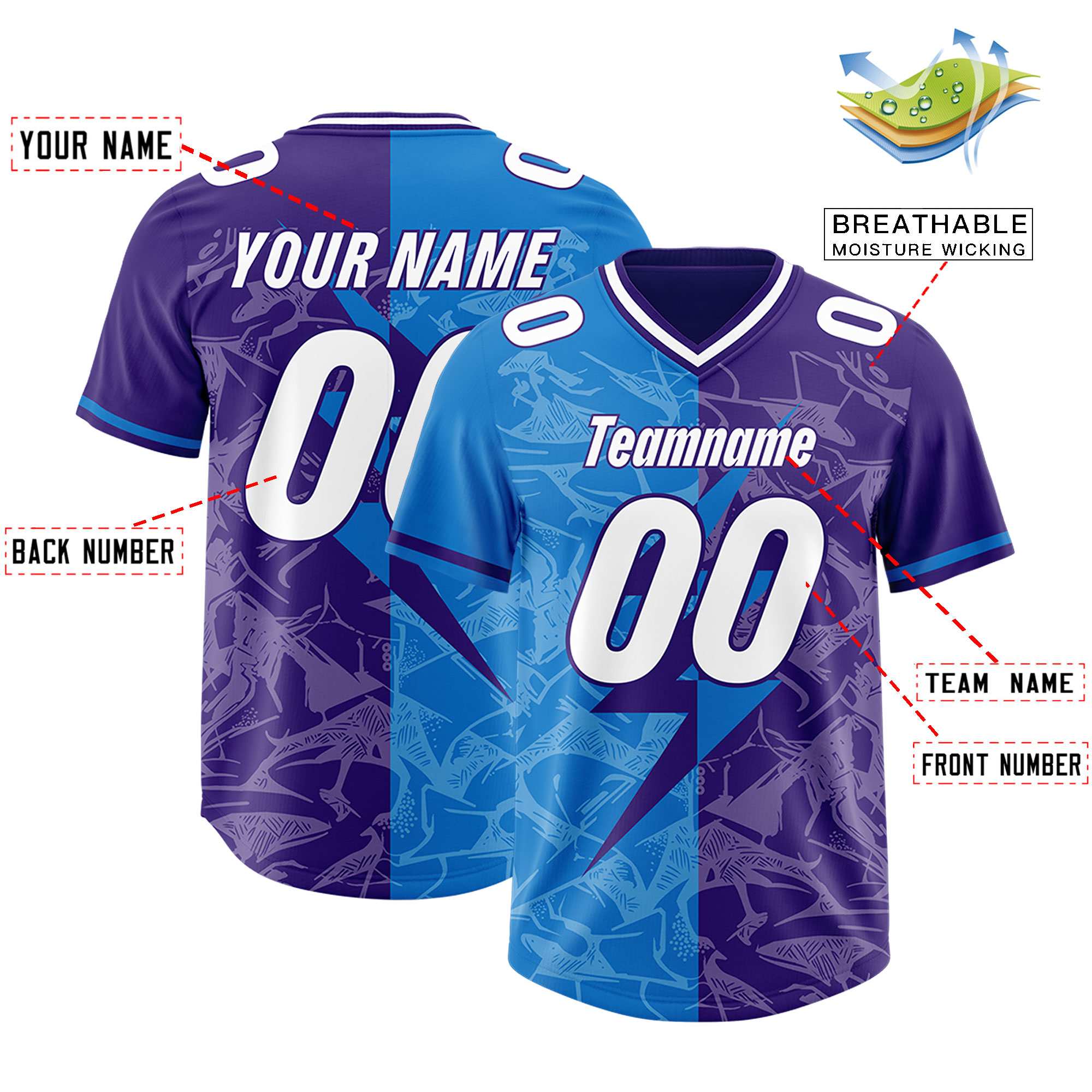 Custom Panther Blue Purple Split Personalized Lightning Pattern American Football Jersey