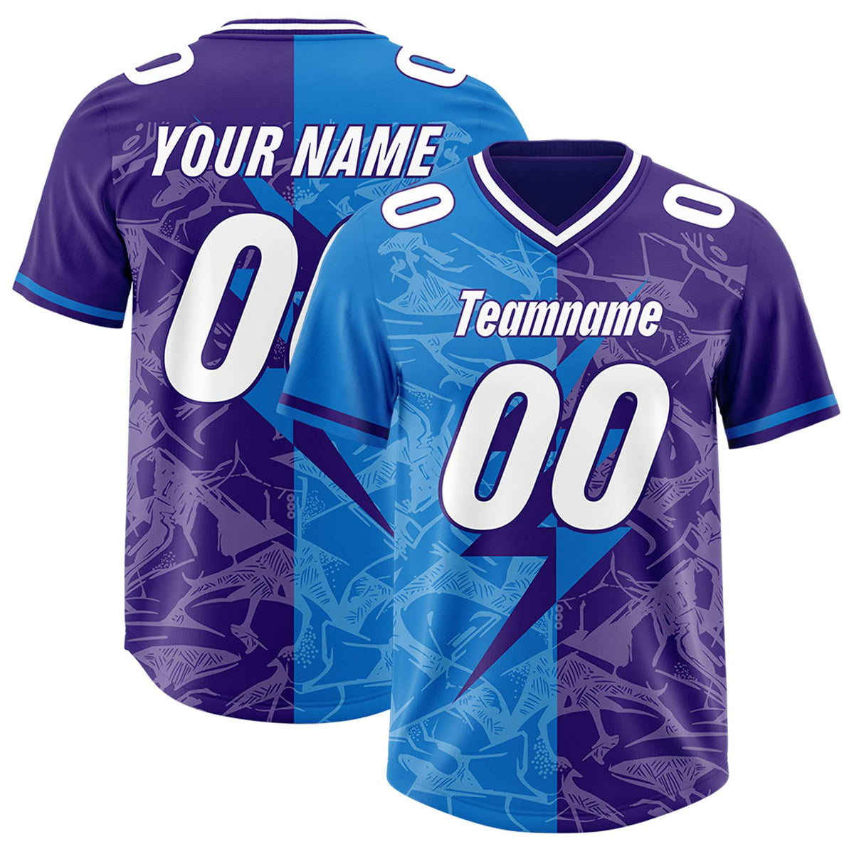 Custom Panther Blue Purple Split Personalized Lightning Pattern American Football Jersey