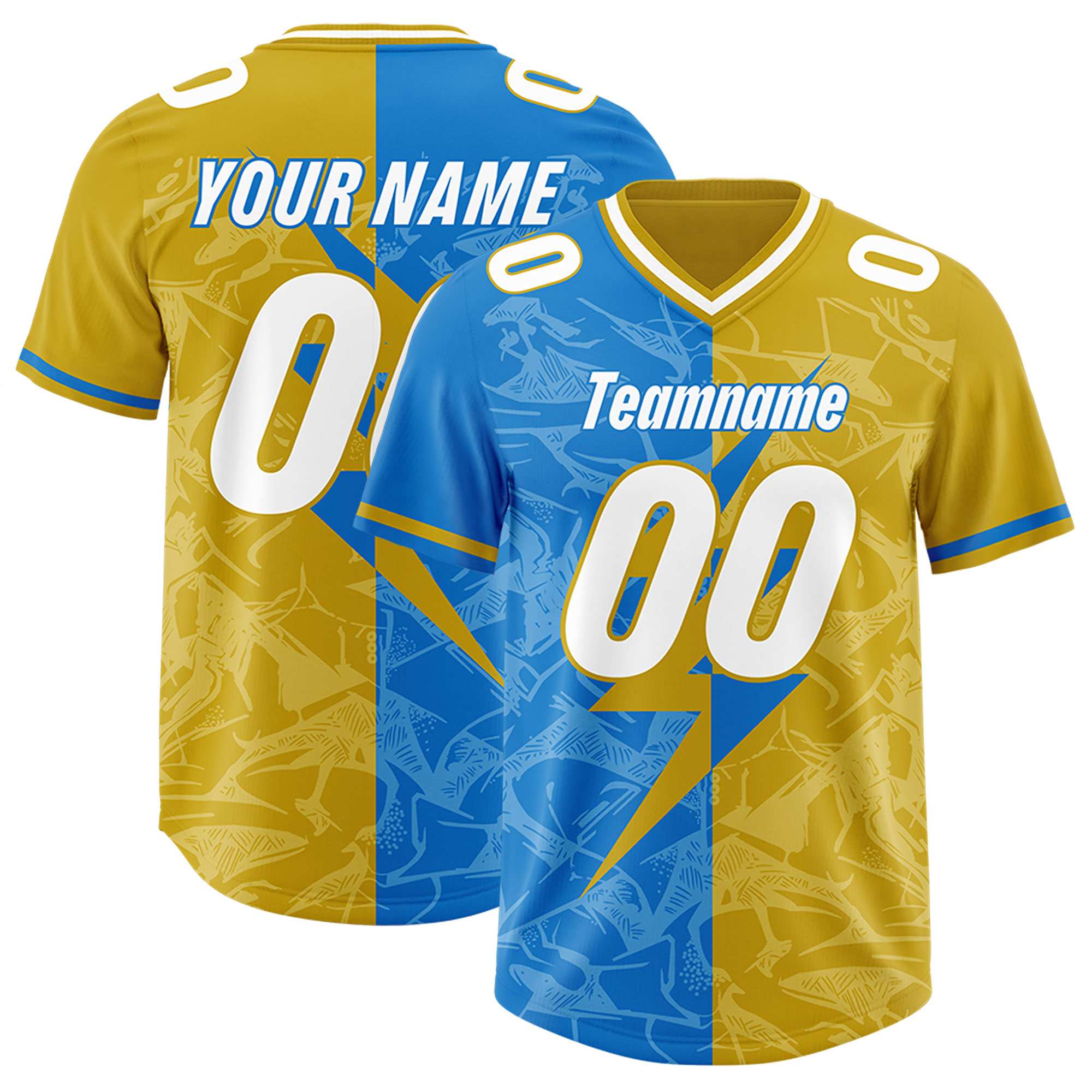 Custom Panther Blue Old Gold Split Personalized Lightning Pattern American Football Jersey