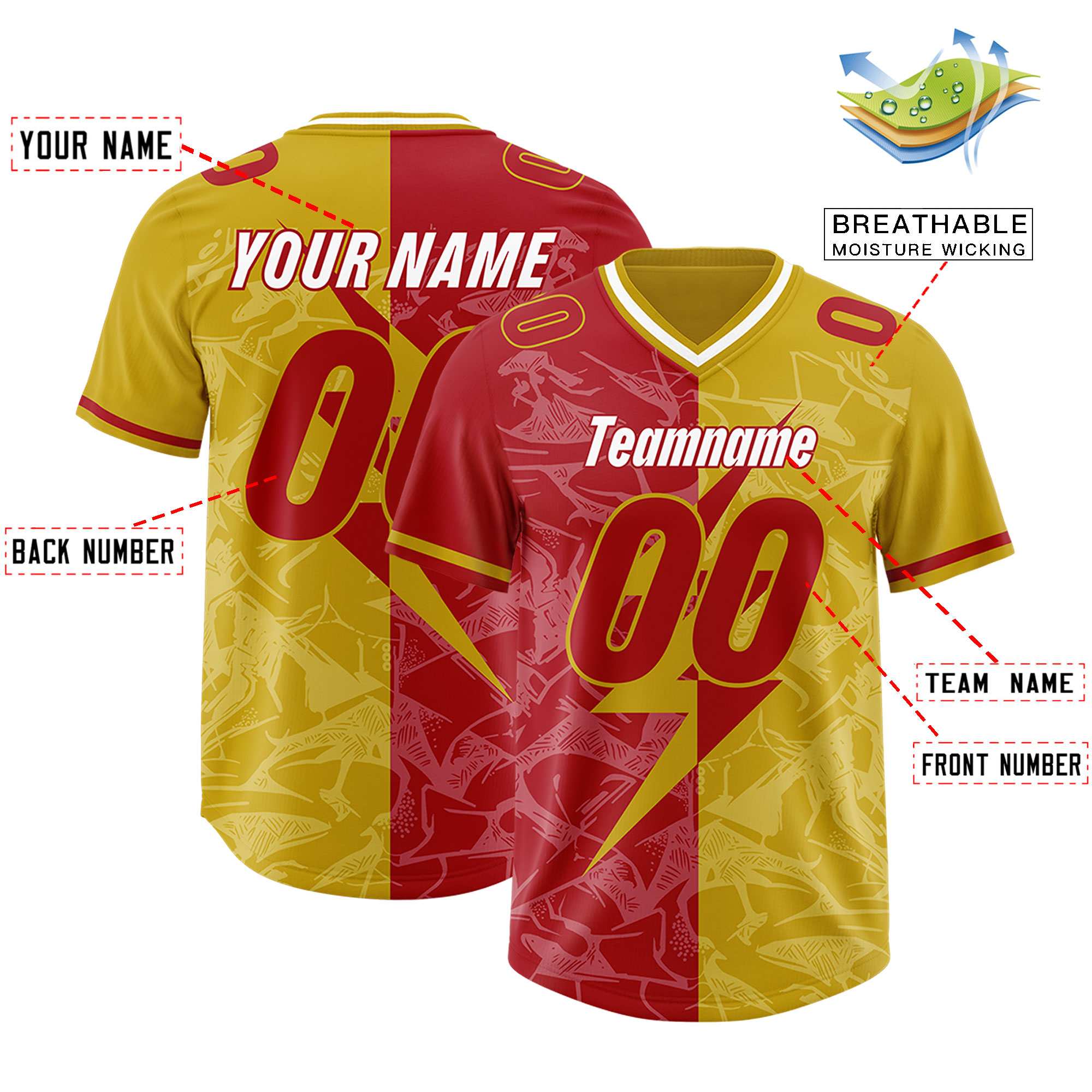 Custom Old Gold Red Split Personalized Lightning Pattern American Football Jersey