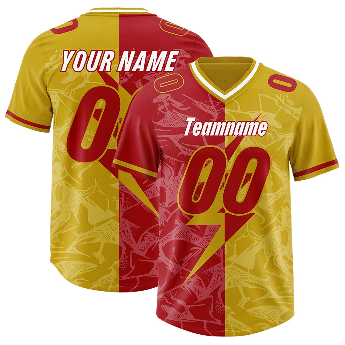 Custom Old Gold Red Split Personalized Lightning Pattern American Football Jersey