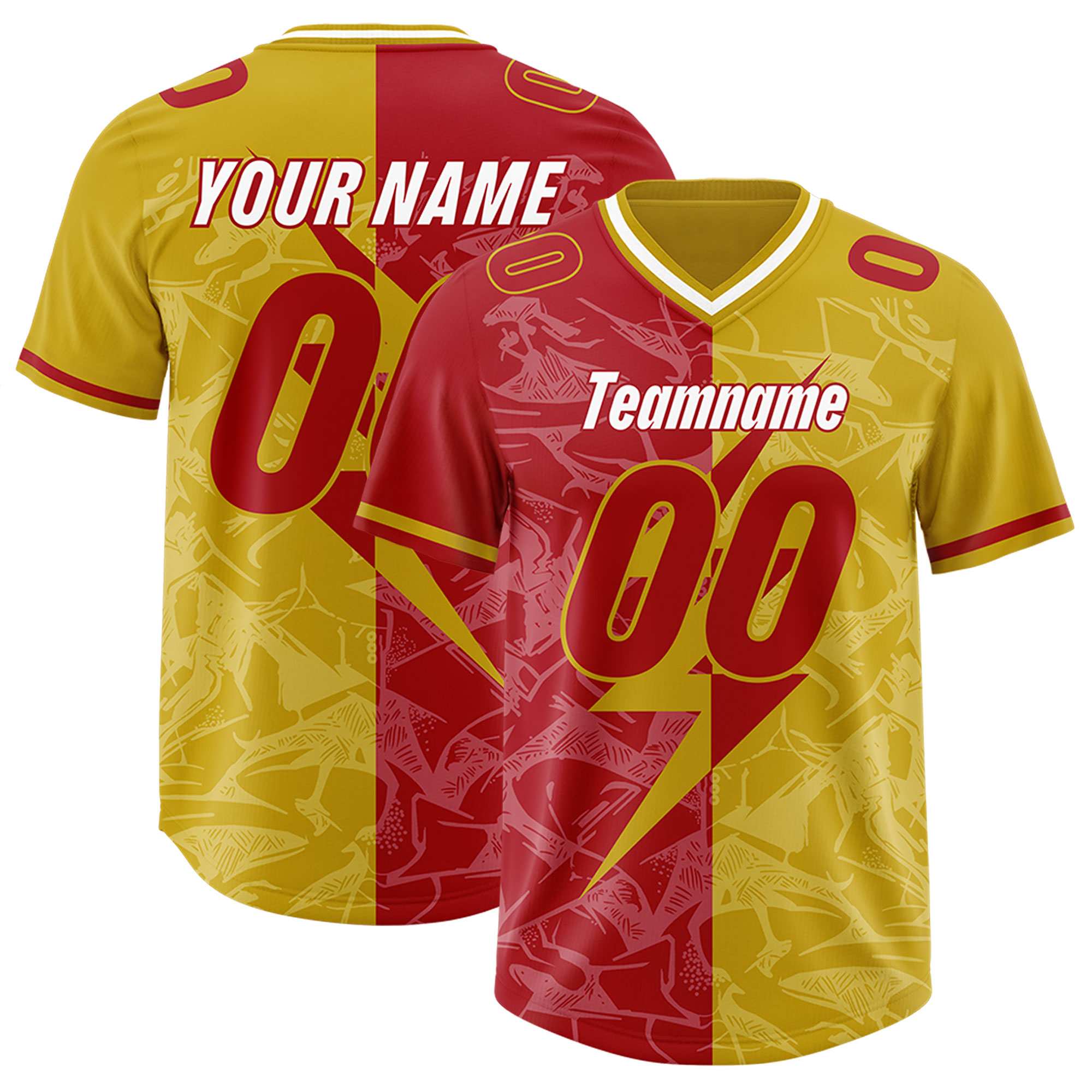 Custom Old Gold Red Split Personalized Lightning Pattern American Football Jersey