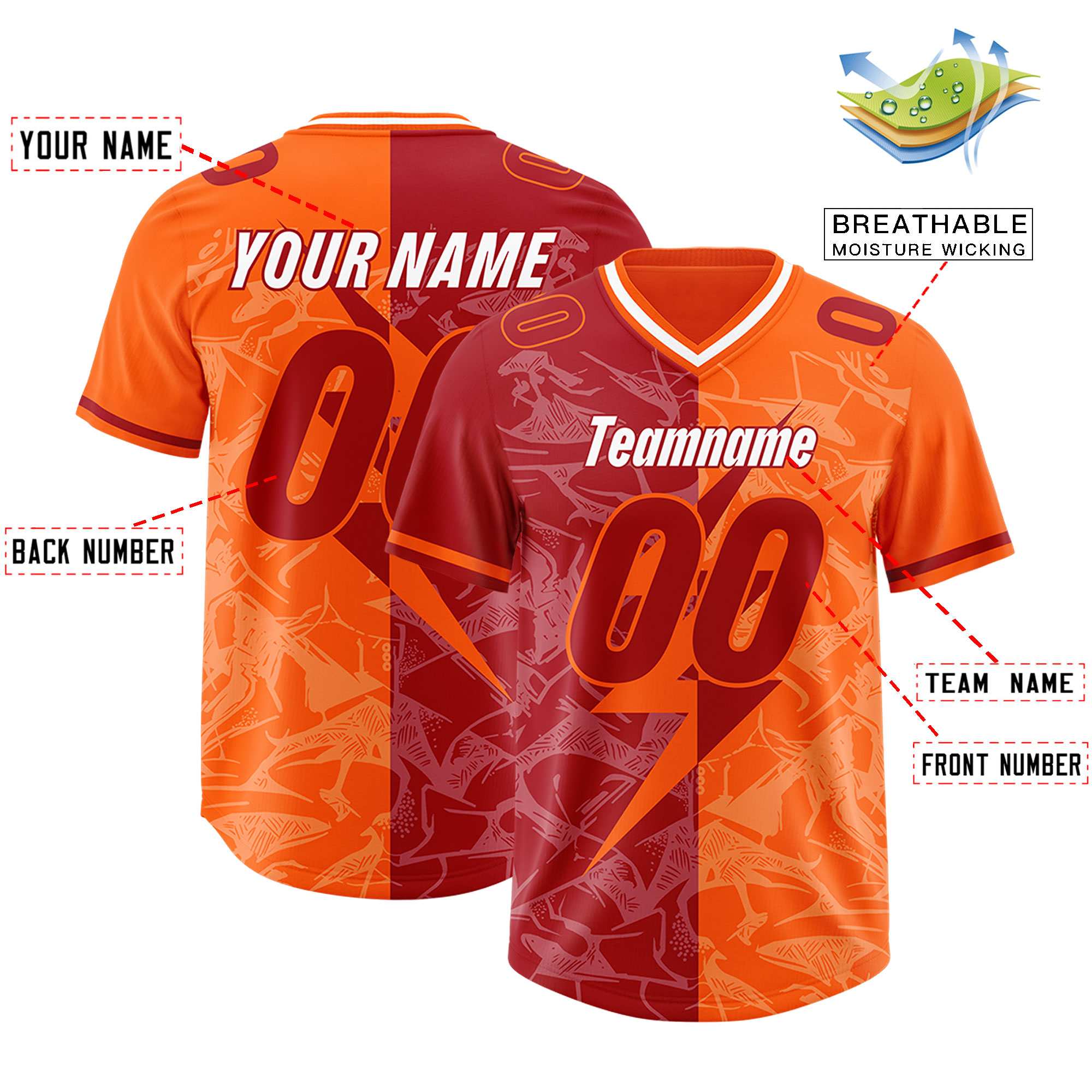 Custom Red Orange Split Personalized Lightning Pattern American Football Jersey