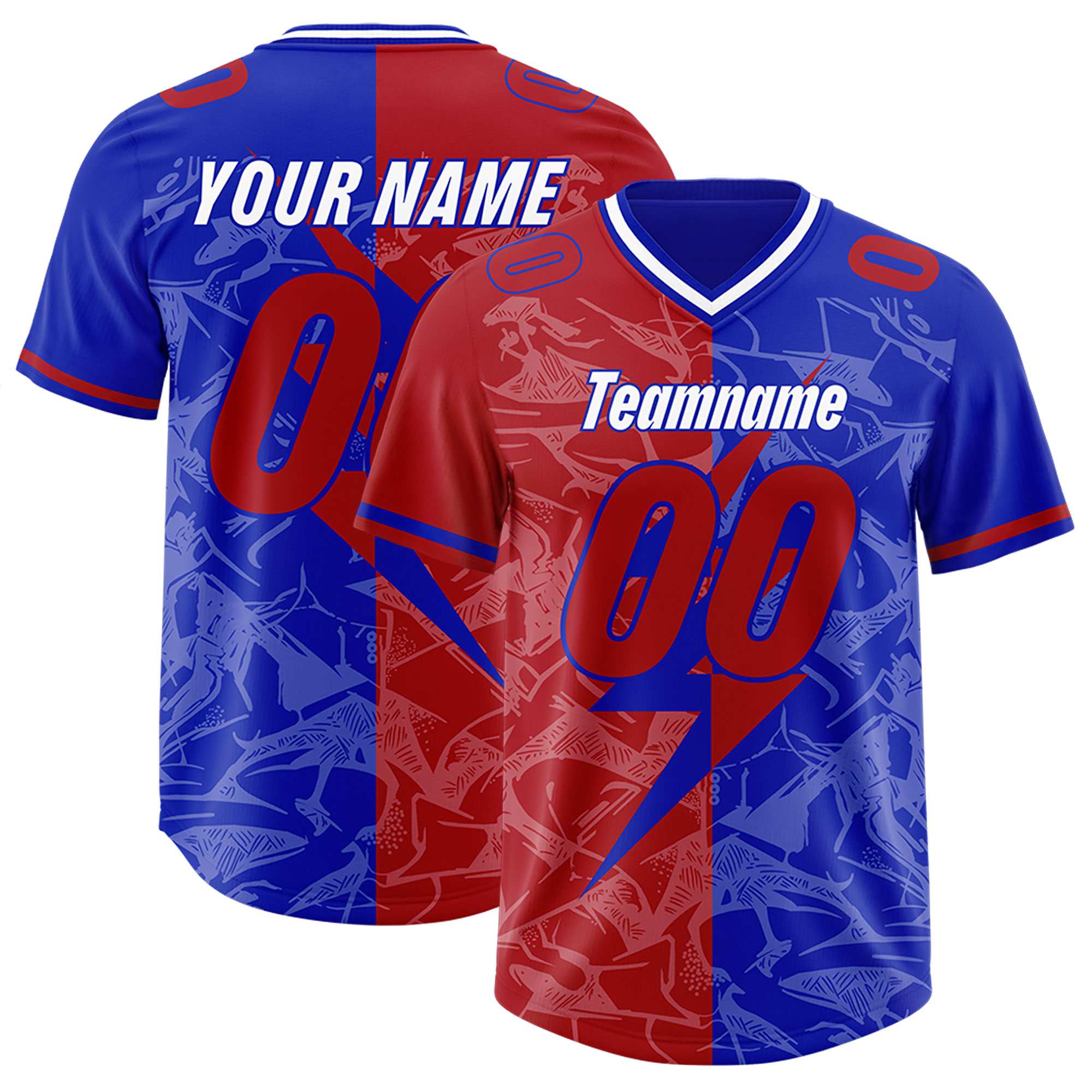 Custom Royal Red Split Personalized Lightning Pattern American Football Jersey