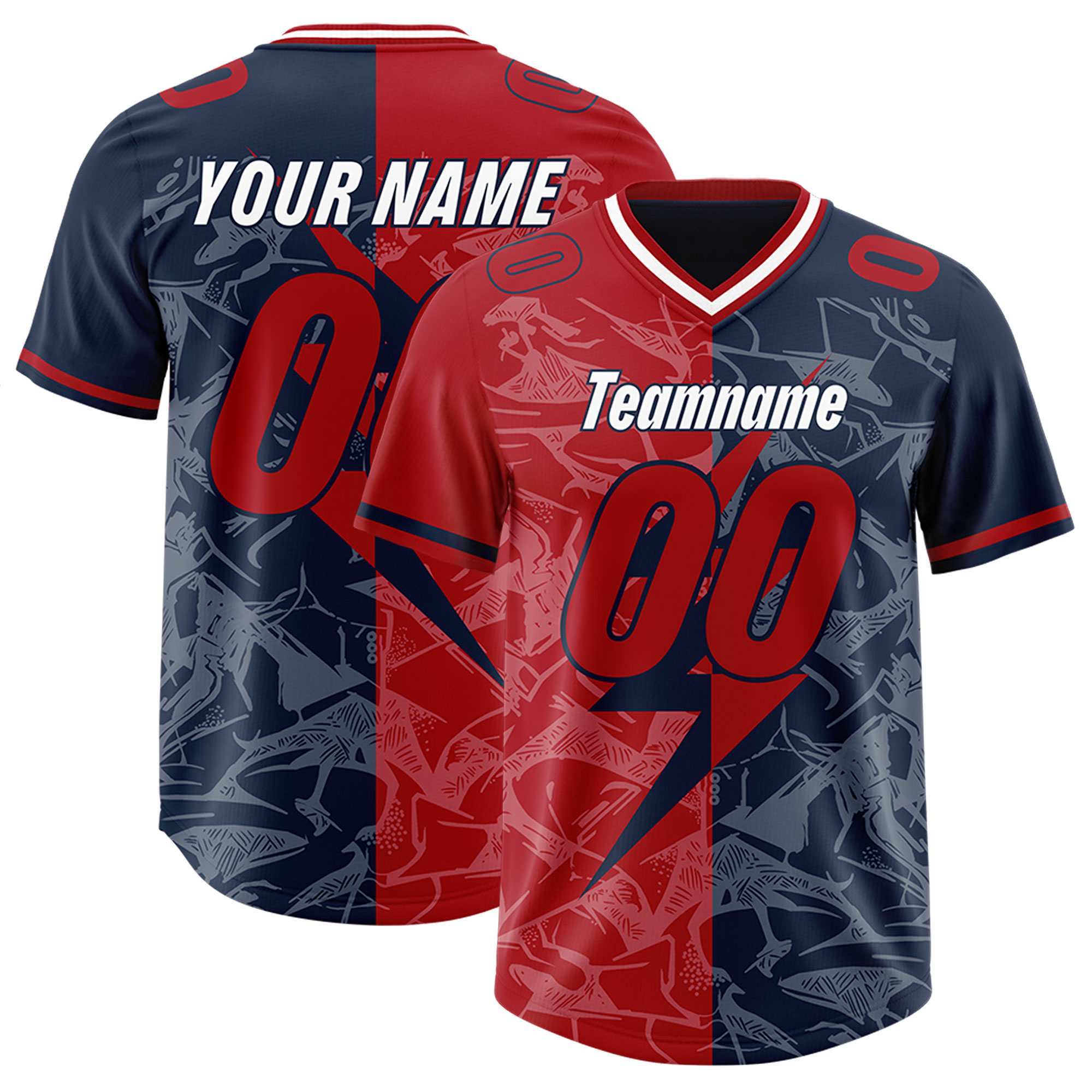Custom Navy Red Split Personalized Lightning Pattern American Football Jersey