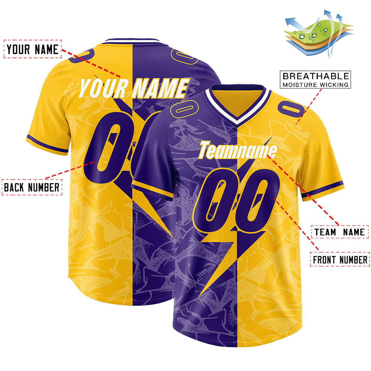 Custom Yellow Purple Split Personalized Lightning Pattern American Football Jersey