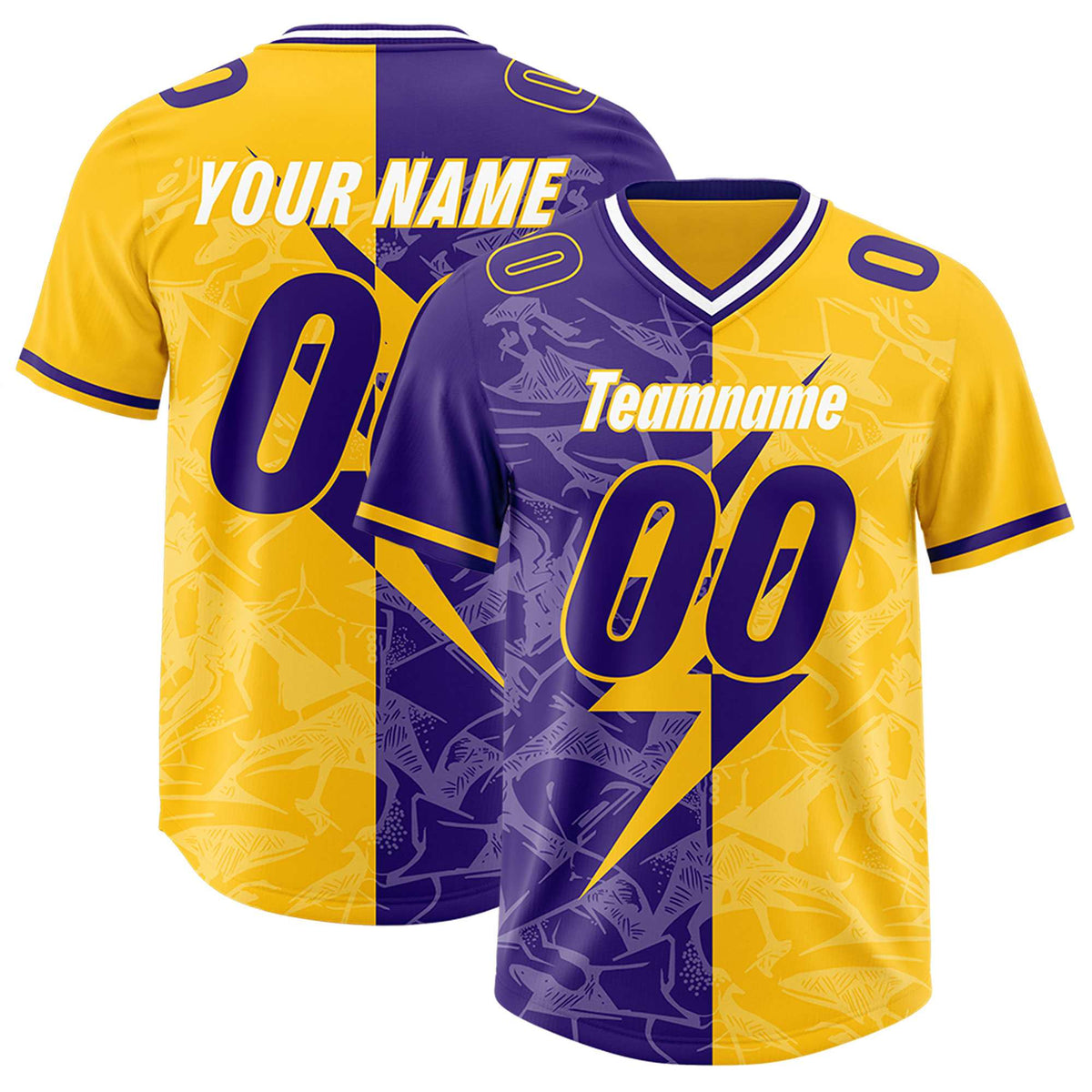 Custom Yellow Purple Split Personalized Lightning Pattern American Football Jersey