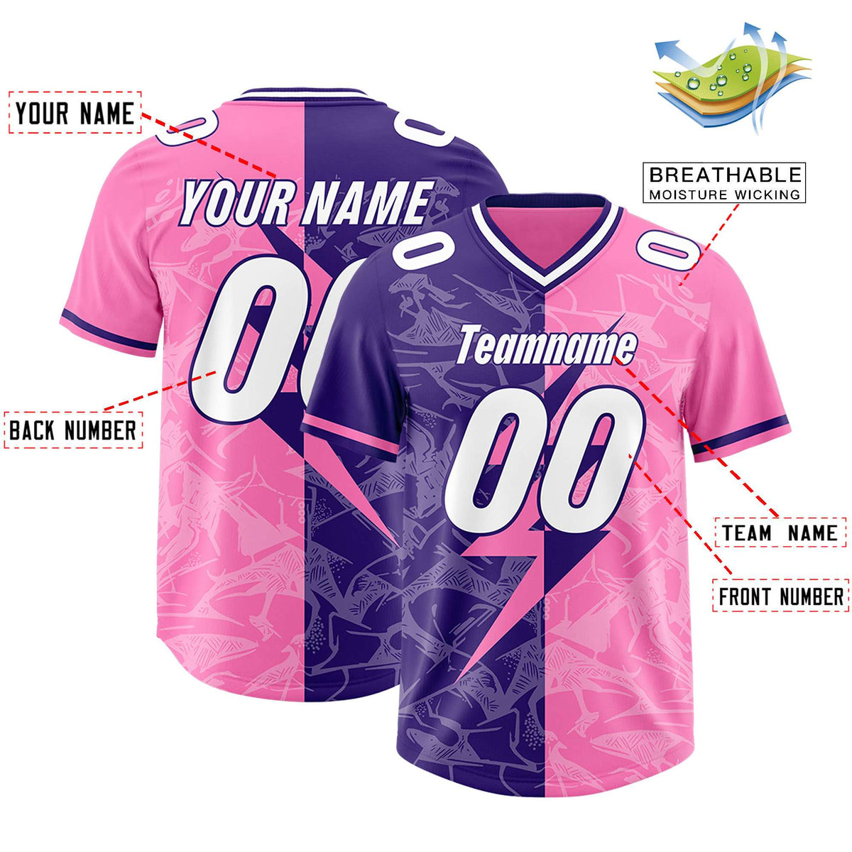 Custom Pink Purple Split Personalized Lightning Pattern American Football Jersey