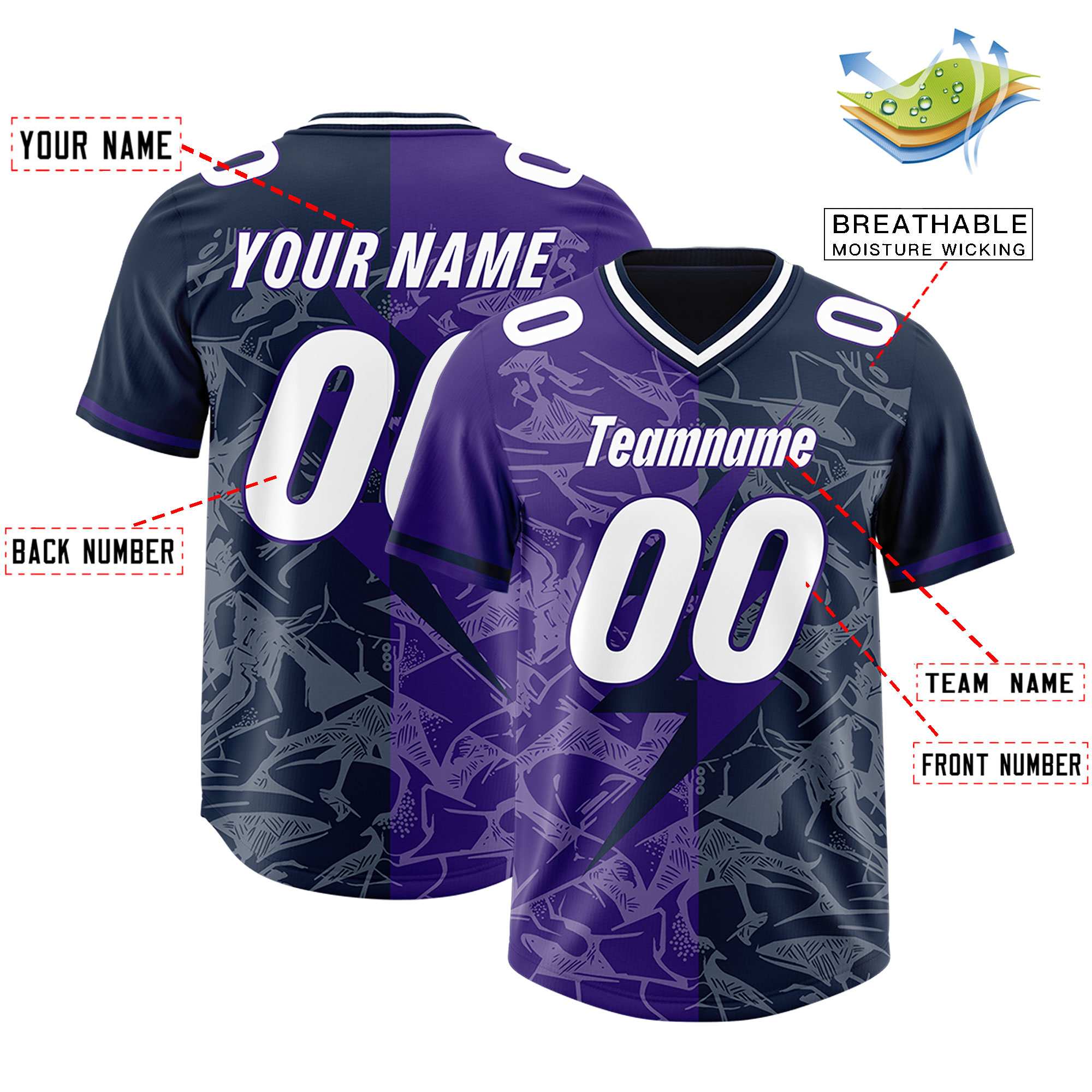 Custom Navy Purple Split Personalized Lightning Pattern American Football Jersey