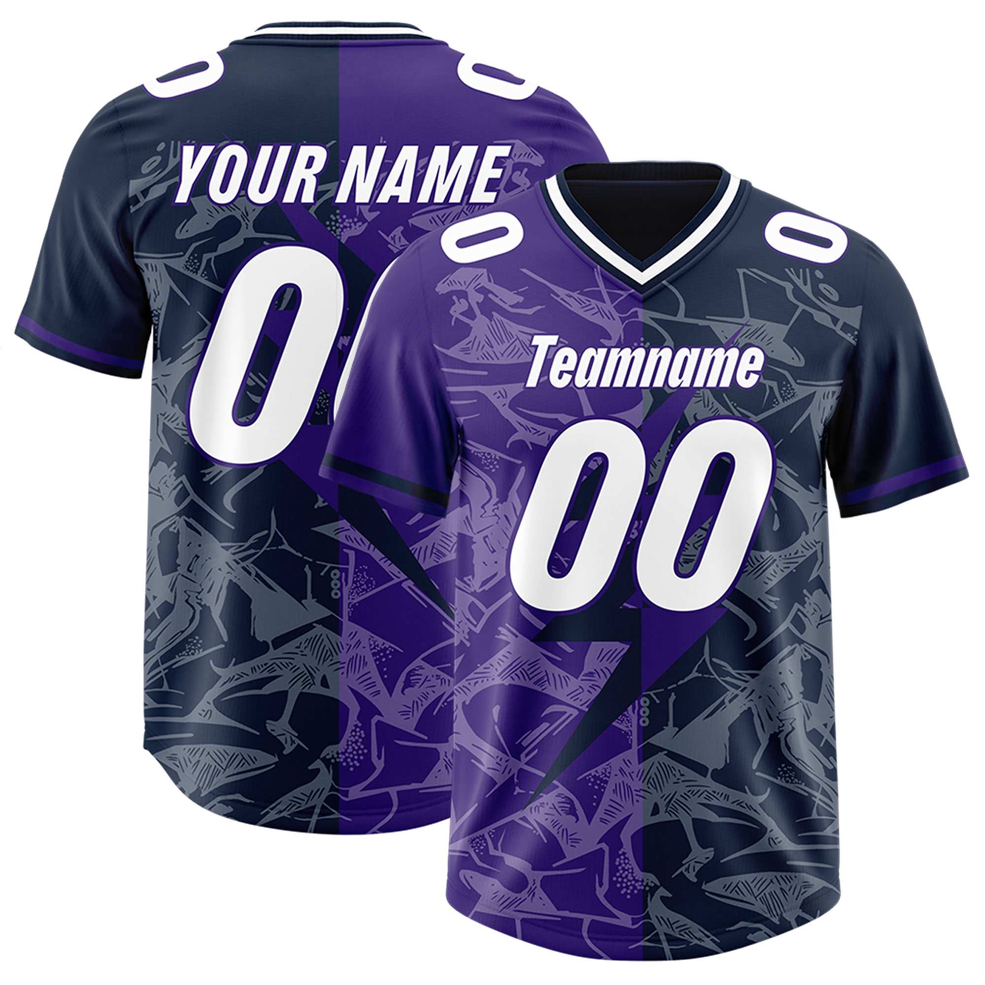Custom Navy Purple Split Personalized Lightning Pattern American Football Jersey