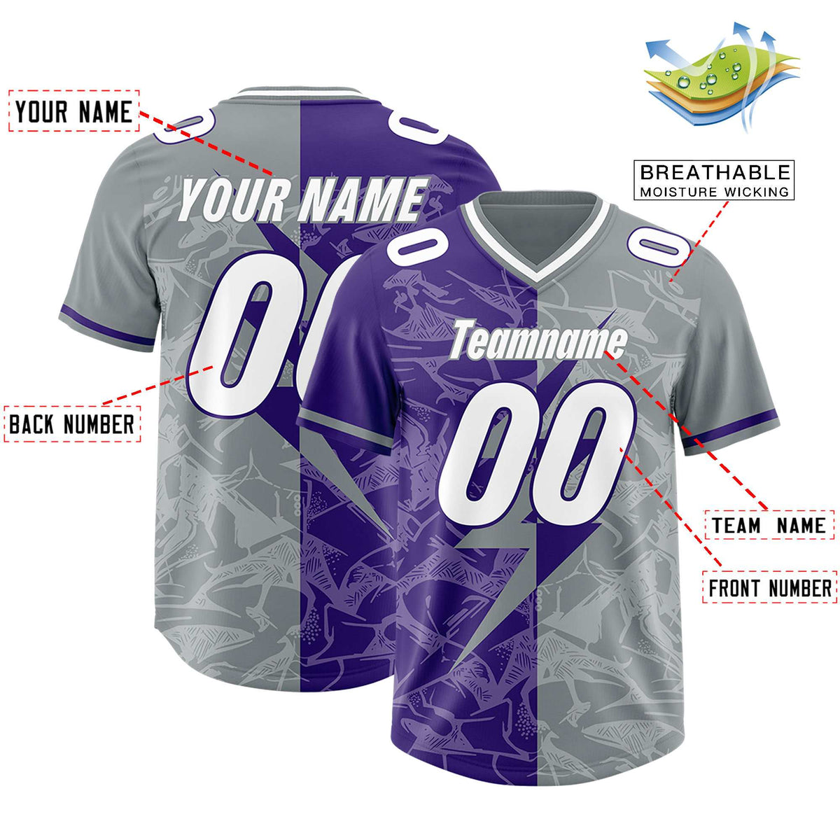 Custom Purple Gray Split Personalized Lightning Pattern American Football Jersey