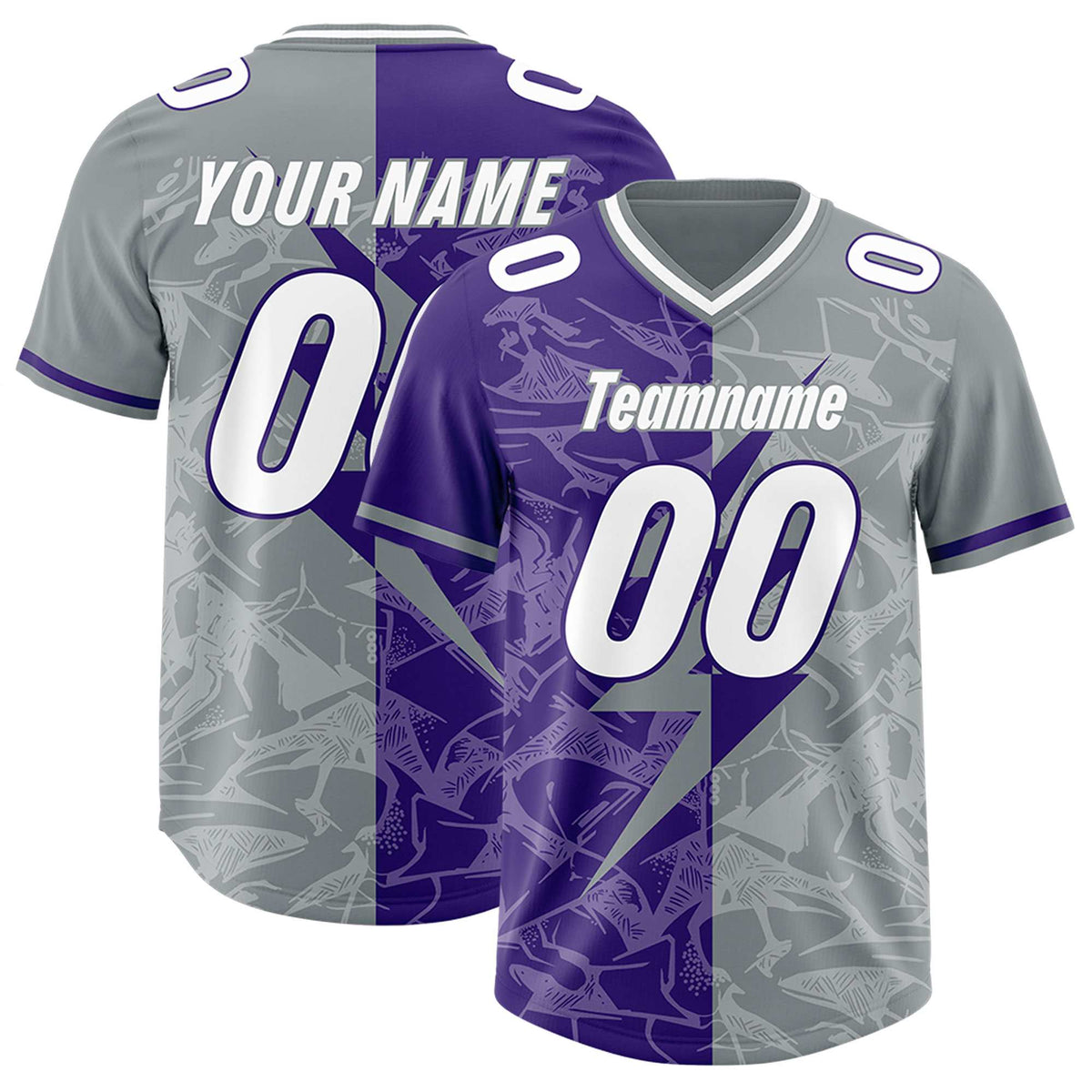 Custom Purple Gray Split Personalized Lightning Pattern American Football Jersey