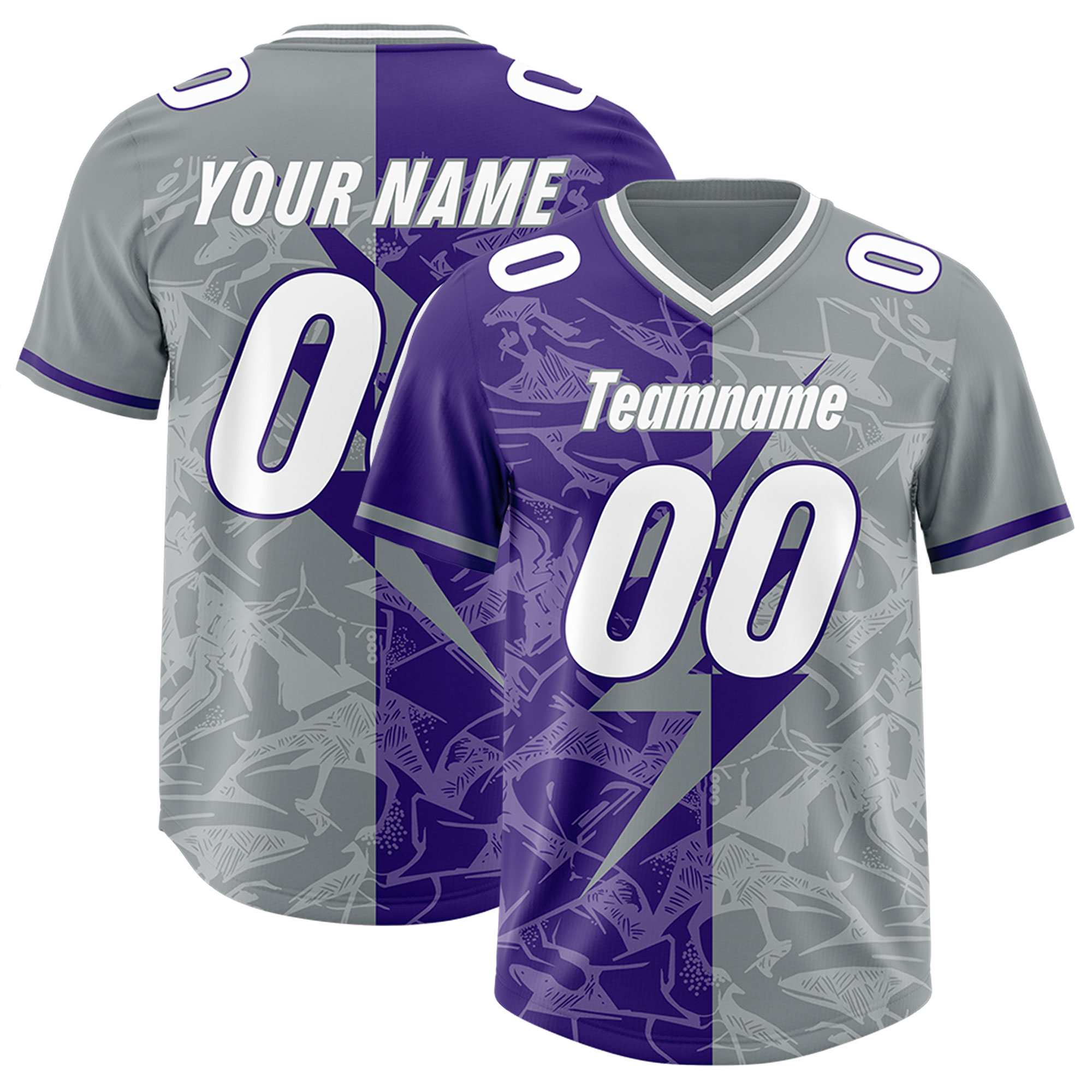 Custom Purple Gray Split Personalized Lightning Pattern American Football Jersey