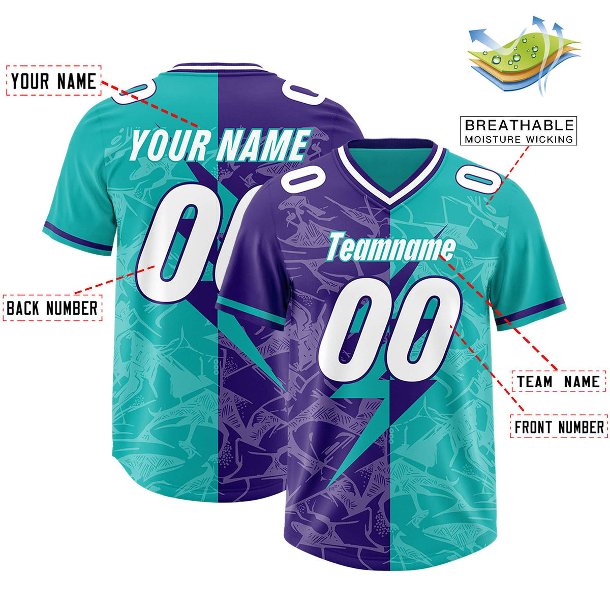 Custom Aqua Purple Split Personalized Lightning Pattern American Football Jersey
