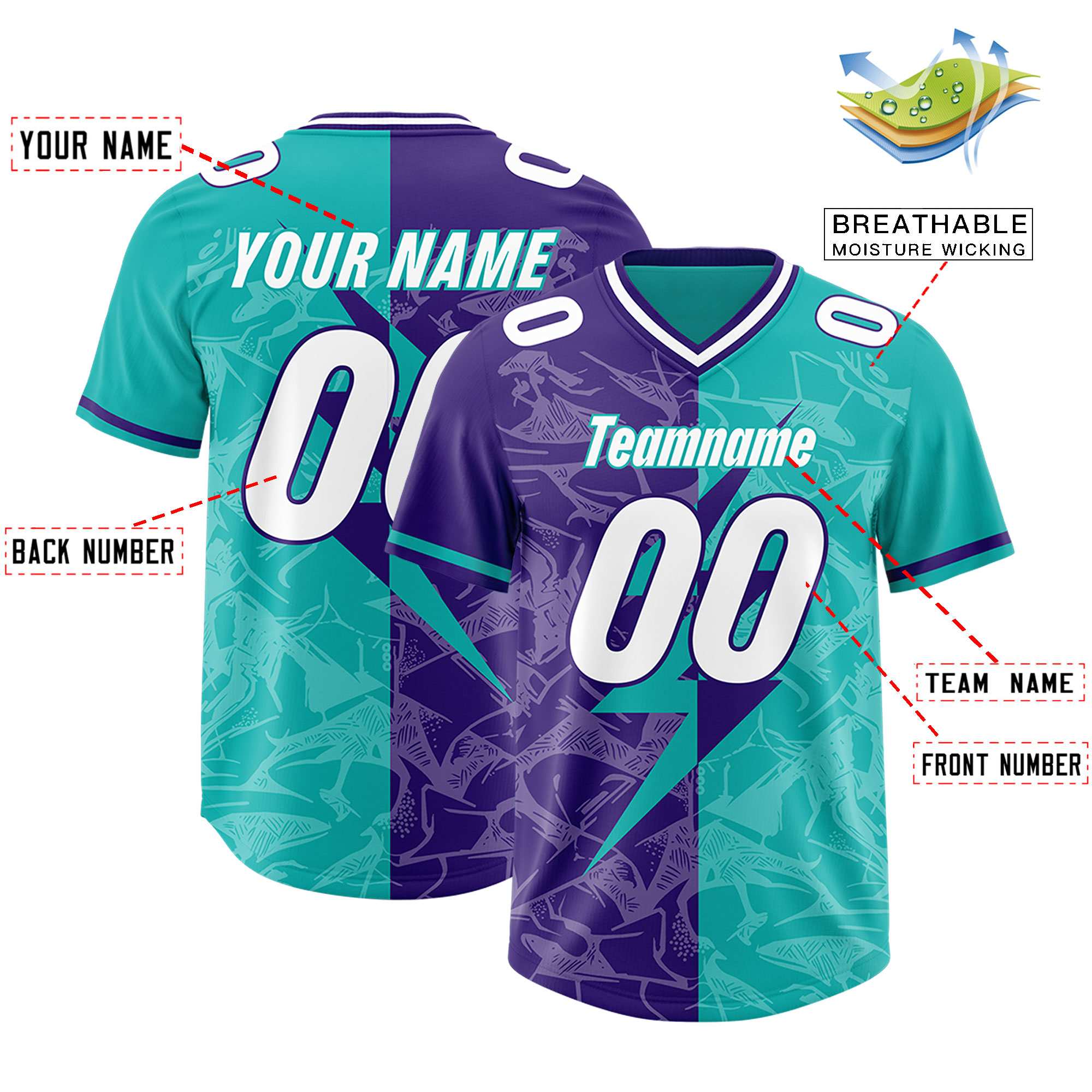 Custom Aqua Purple Split Personalized Lightning Pattern American Football Jersey