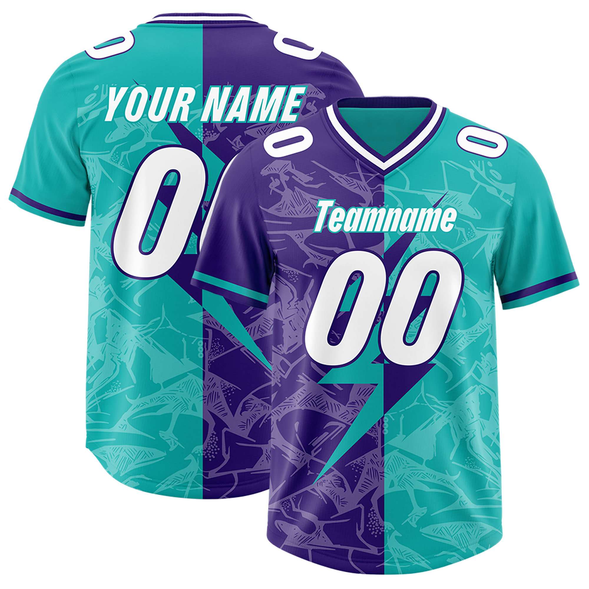 Custom Aqua Purple Split Personalized Lightning Pattern American Football Jersey