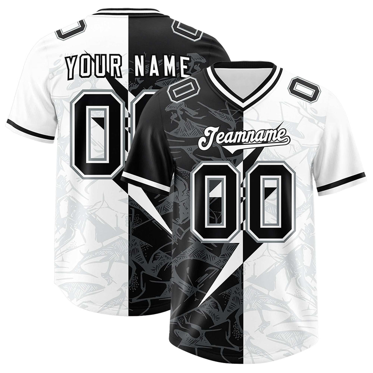 Custom White Black Split Personalized Lightning Pattern American Football Jersey