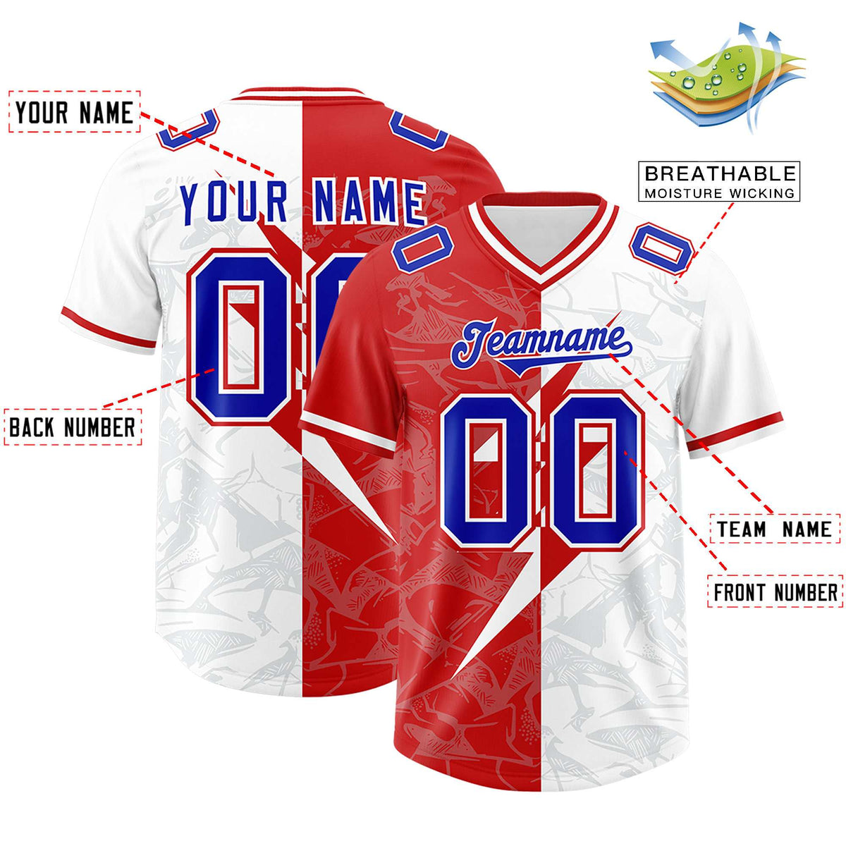 Custom White Red Split Personalized Lightning Pattern American Football Jersey