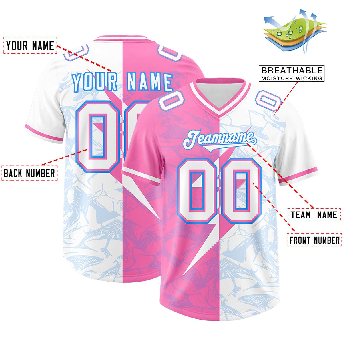 Custom White Pink Split Personalized Lightning Pattern American Football Jersey