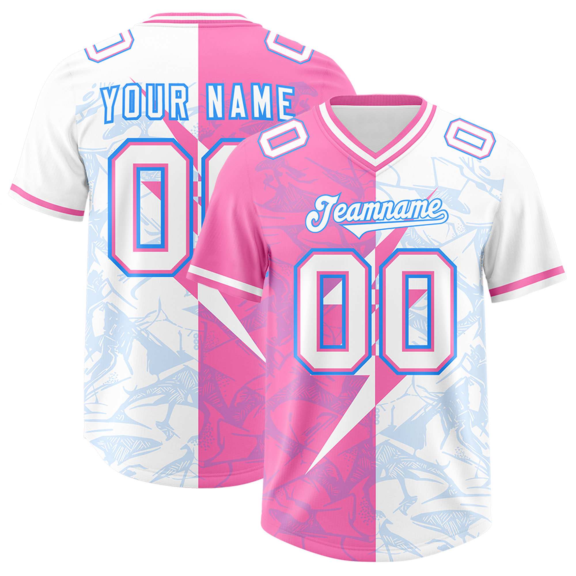 Custom White Pink Split Personalized Lightning Pattern American Football Jersey