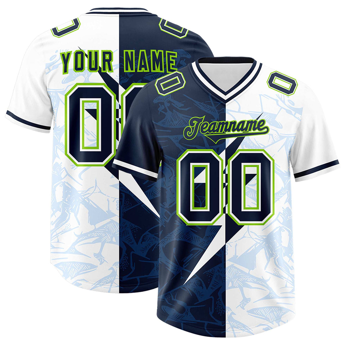 Custom White Navy Split Personalized Lightning Pattern American Football Jersey