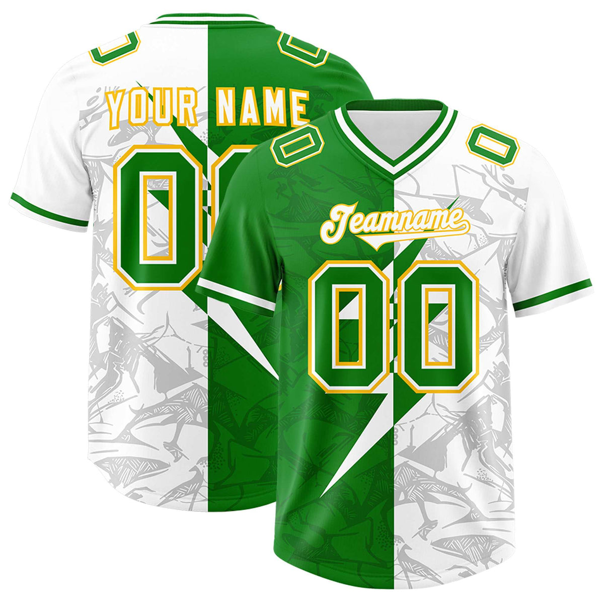 Custom Kelly Green White Split Personalized Lightning Pattern American Football Jersey
