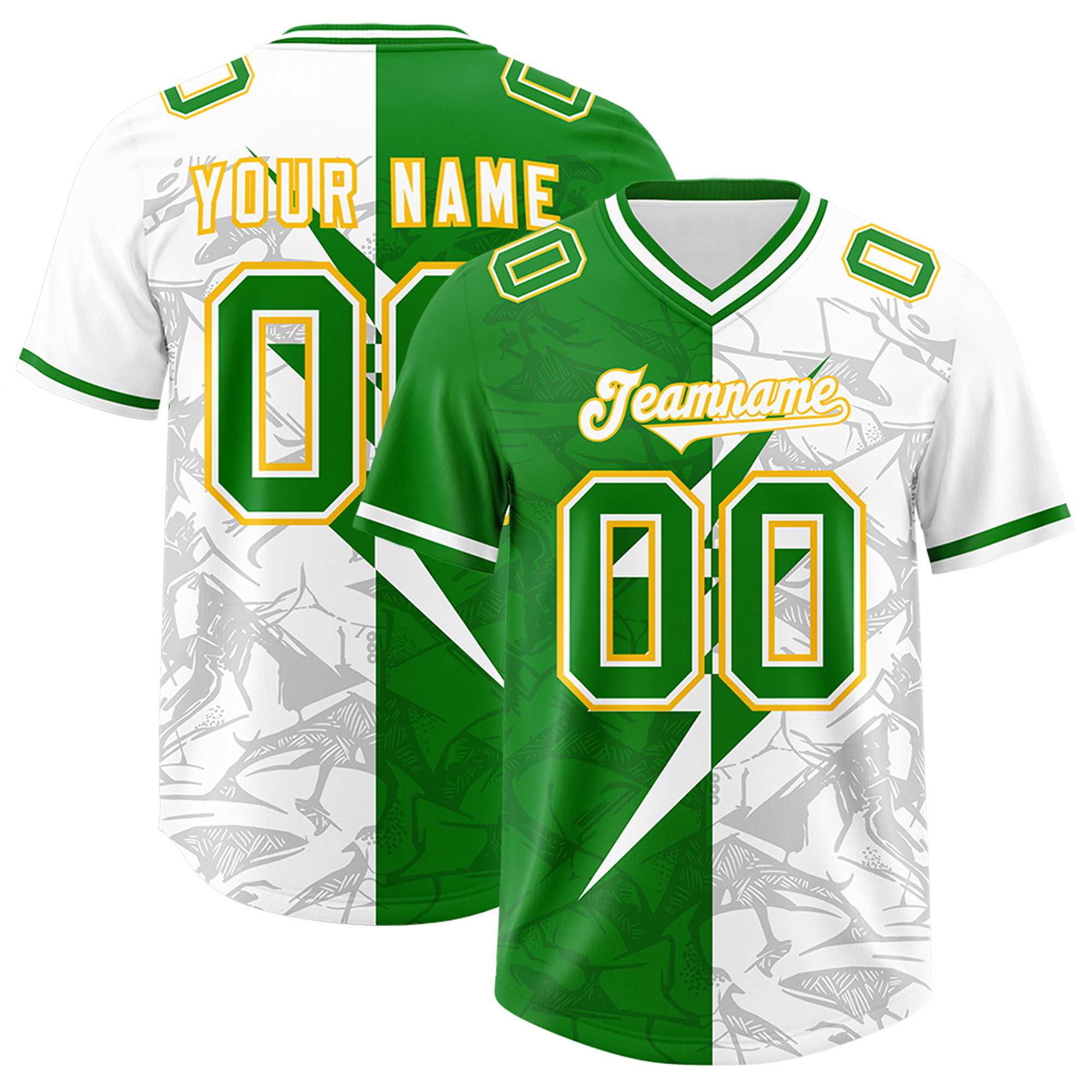 Custom Kelly Green White Split Personalized Lightning Pattern American Football Jersey